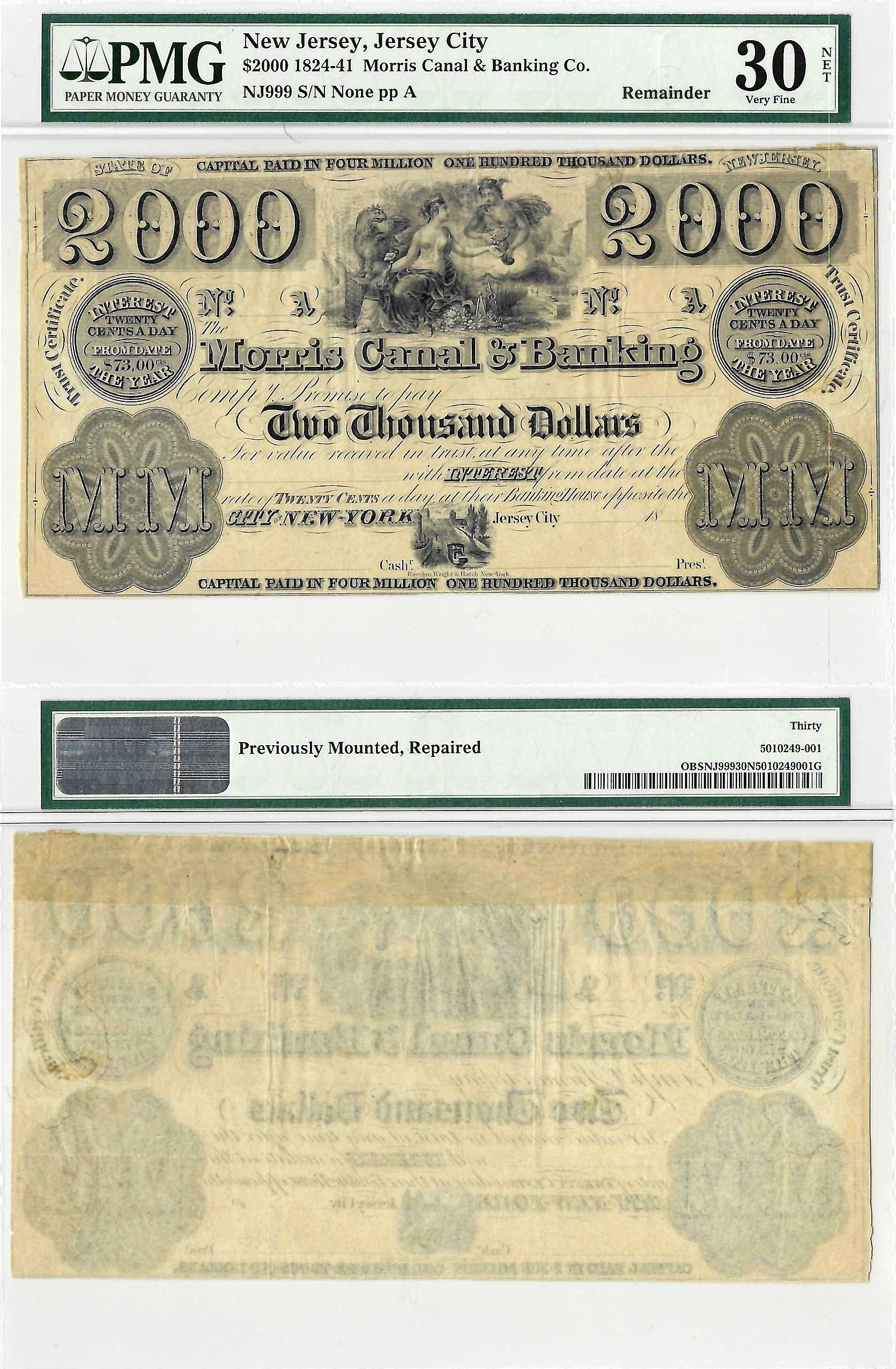 1824-41 $2000 Obsolete Jersey City, New Jersey PMG VF-30 NET