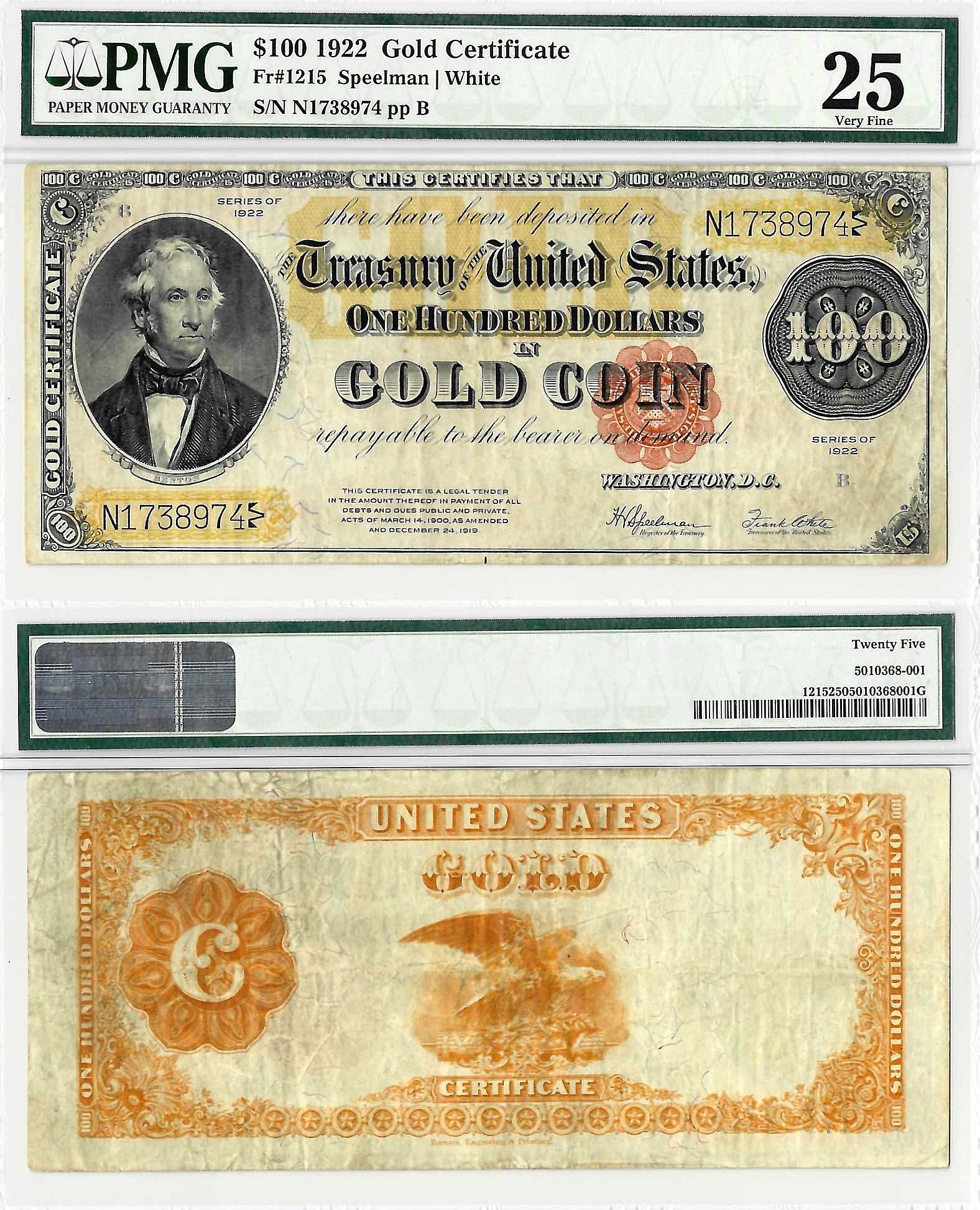 1922 $100 Gold Certificate Fr. 1215 PMG Very Fine 25