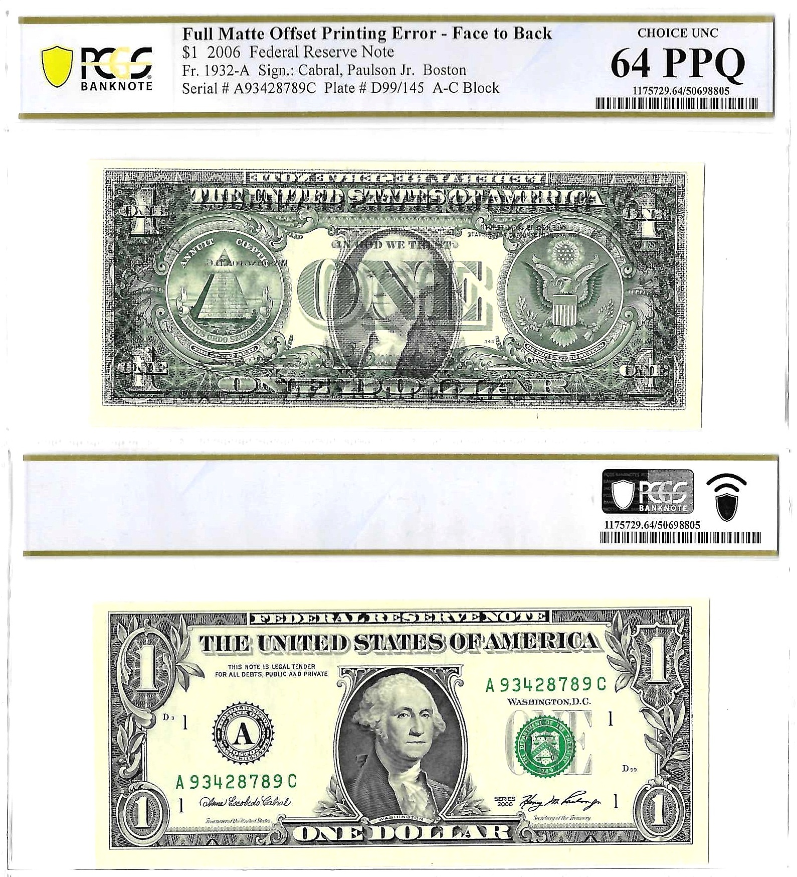 2006 $1 Federal Reserve Note Matte Offset Printing Error Face to Back PCGS Choice CU-64 PPQ