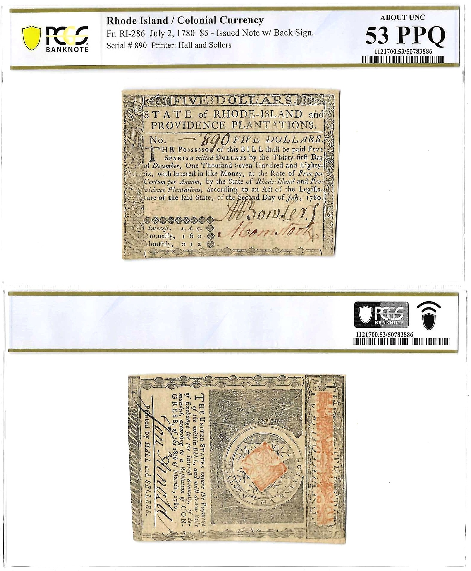 July 2, 1780 $5 Rhode Island Colonial Currency Fr. RI-286 PCGS AU 53 PPQ