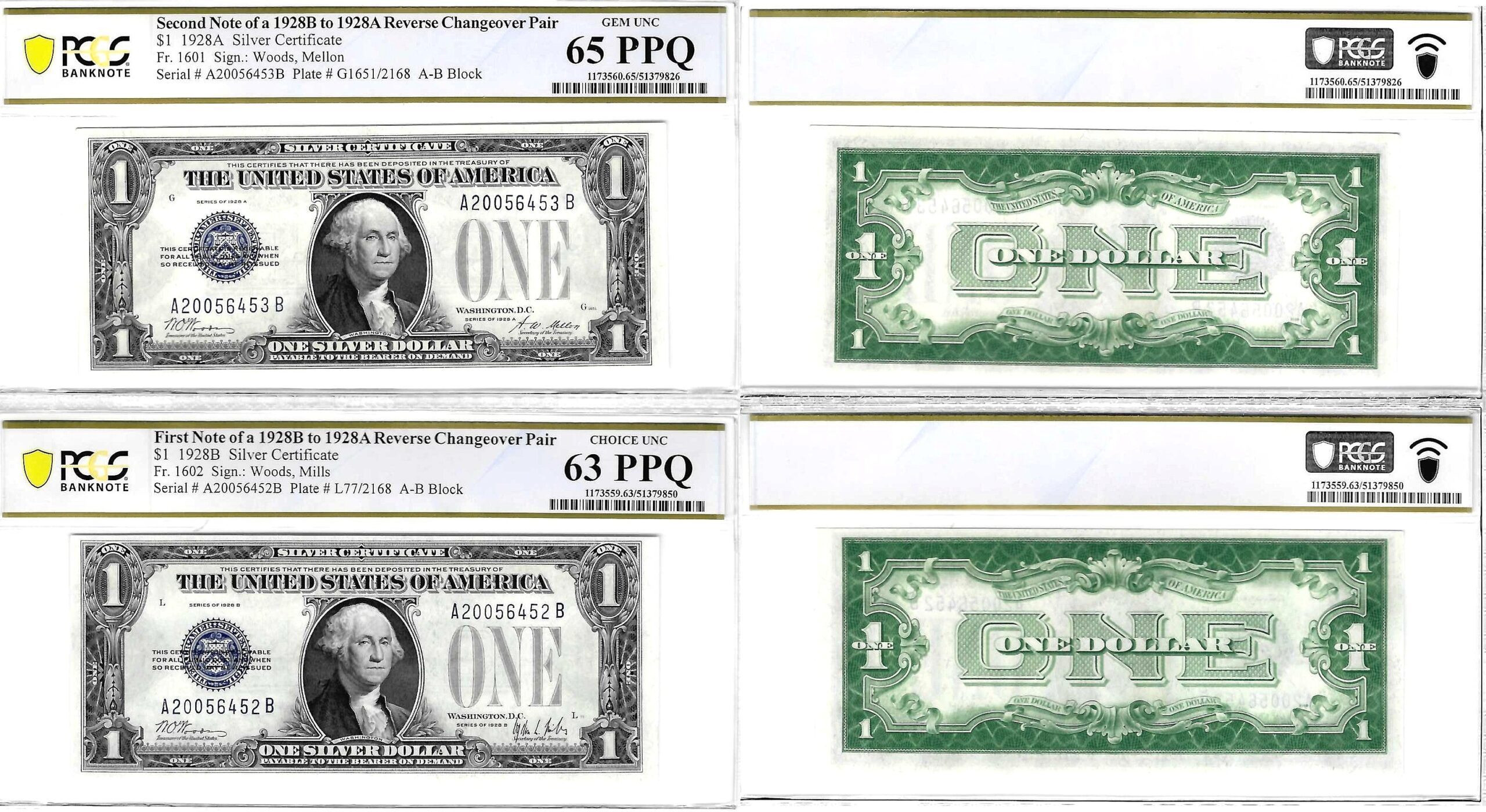 1928-B/1928-A  $1 Silver Certificate Fr-1602/1601 Reverse Changeover Pair PCGS Choice CU-63 PPQ/Gem CU-65 PPQ