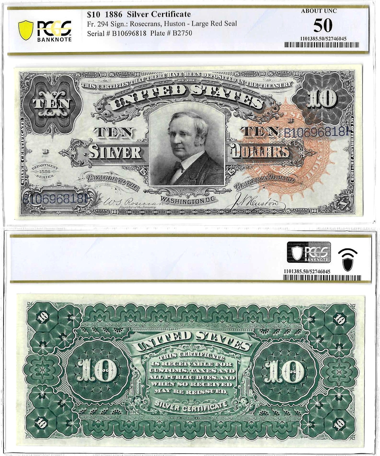 1886 $10 Silver Certificate Fr. 294 PCGS AU 50