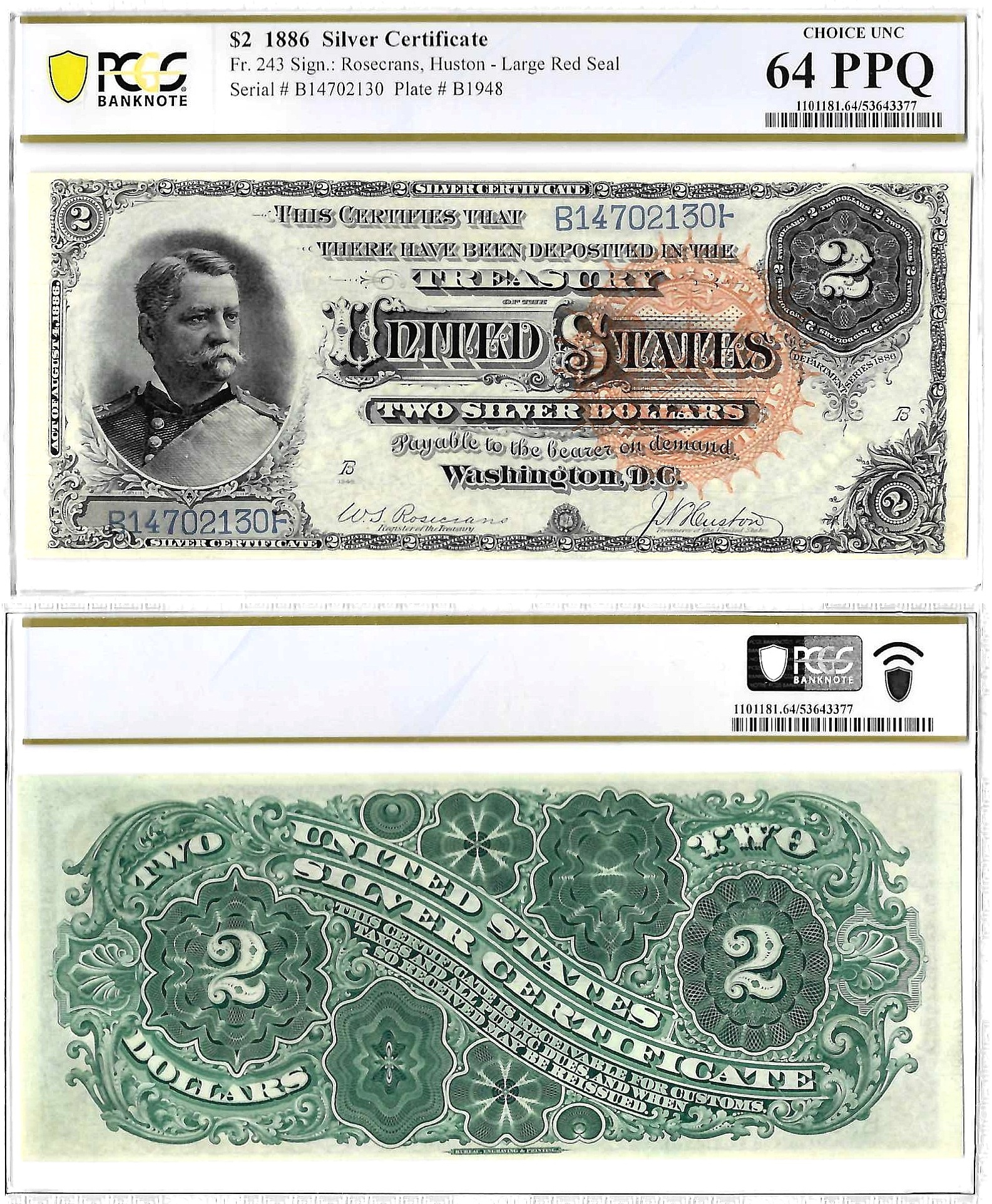 1886 $2 Silver Certificate Fr-243 PCGS Choice CU-64 PPQ
