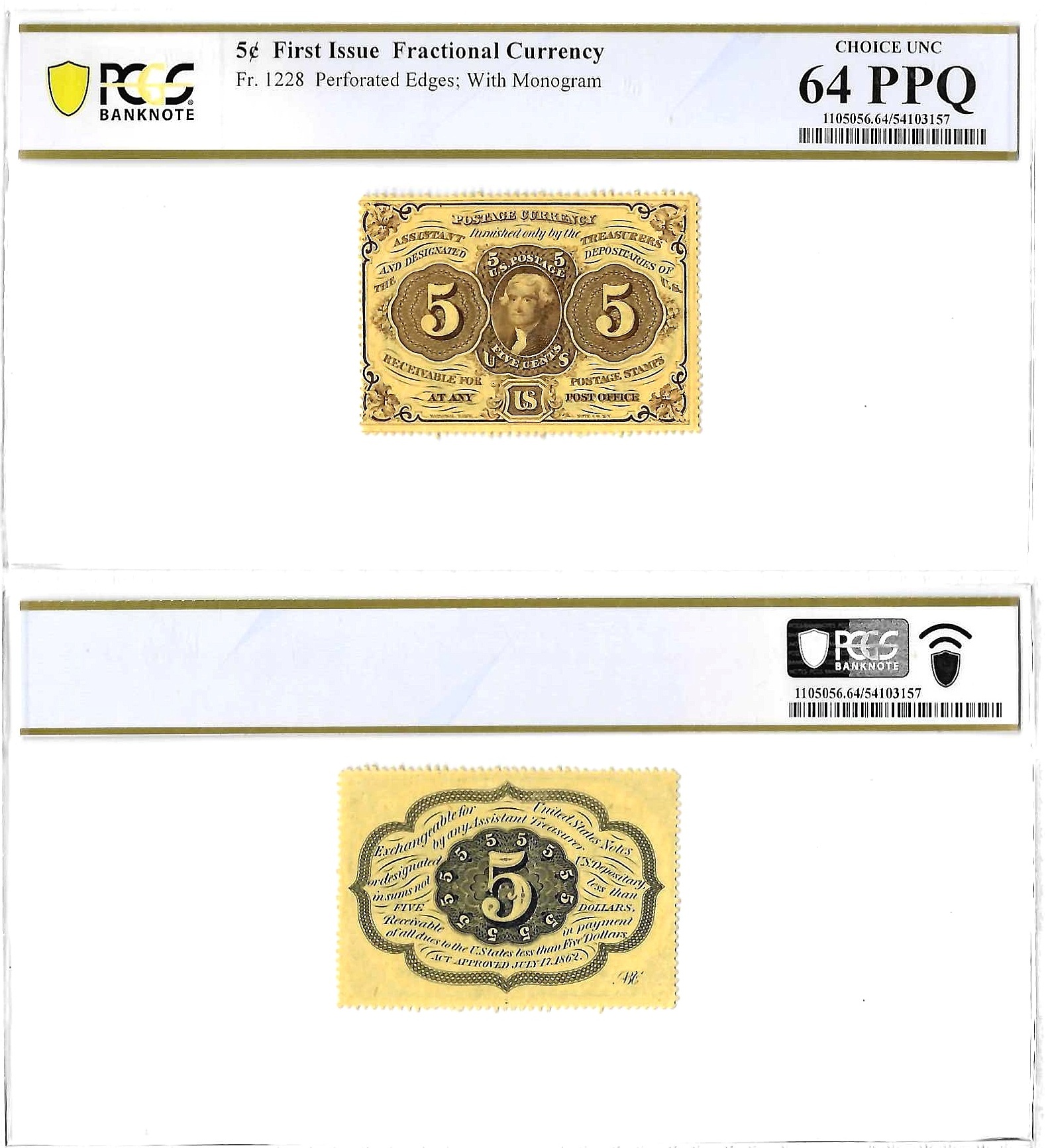 5 Cents First Issue Fractional Currency Fr. 1228 PCGS Choice UNC 64 PPQ
