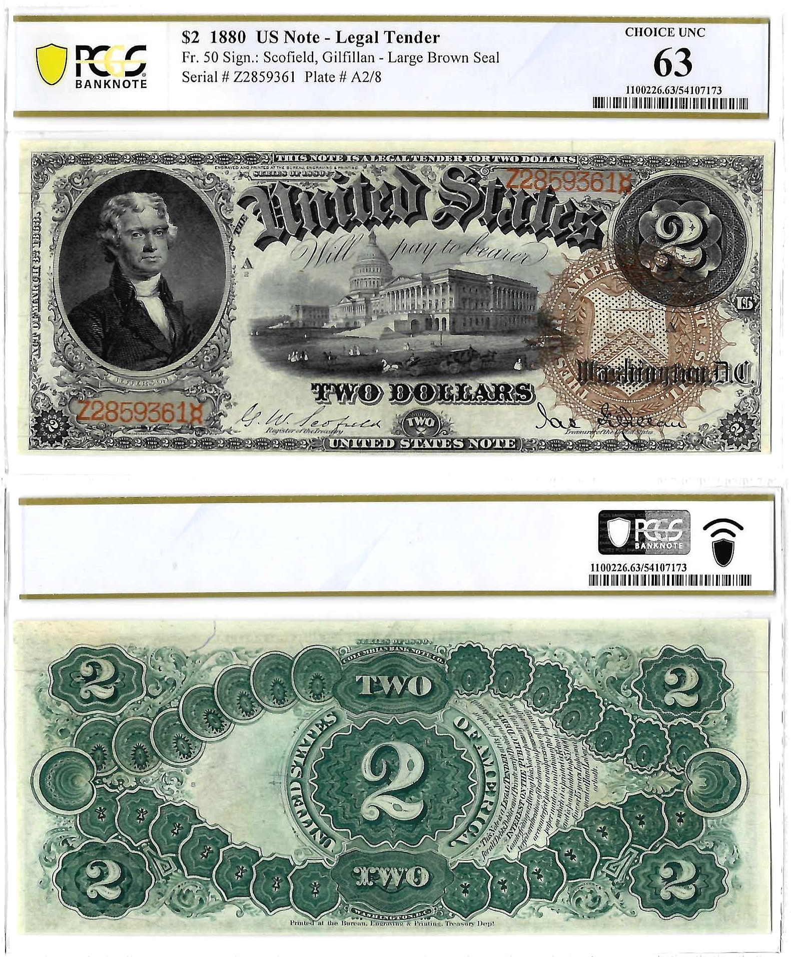 1880 $2 Legal Tender Note Fr-50 PCGS Choice CU-63