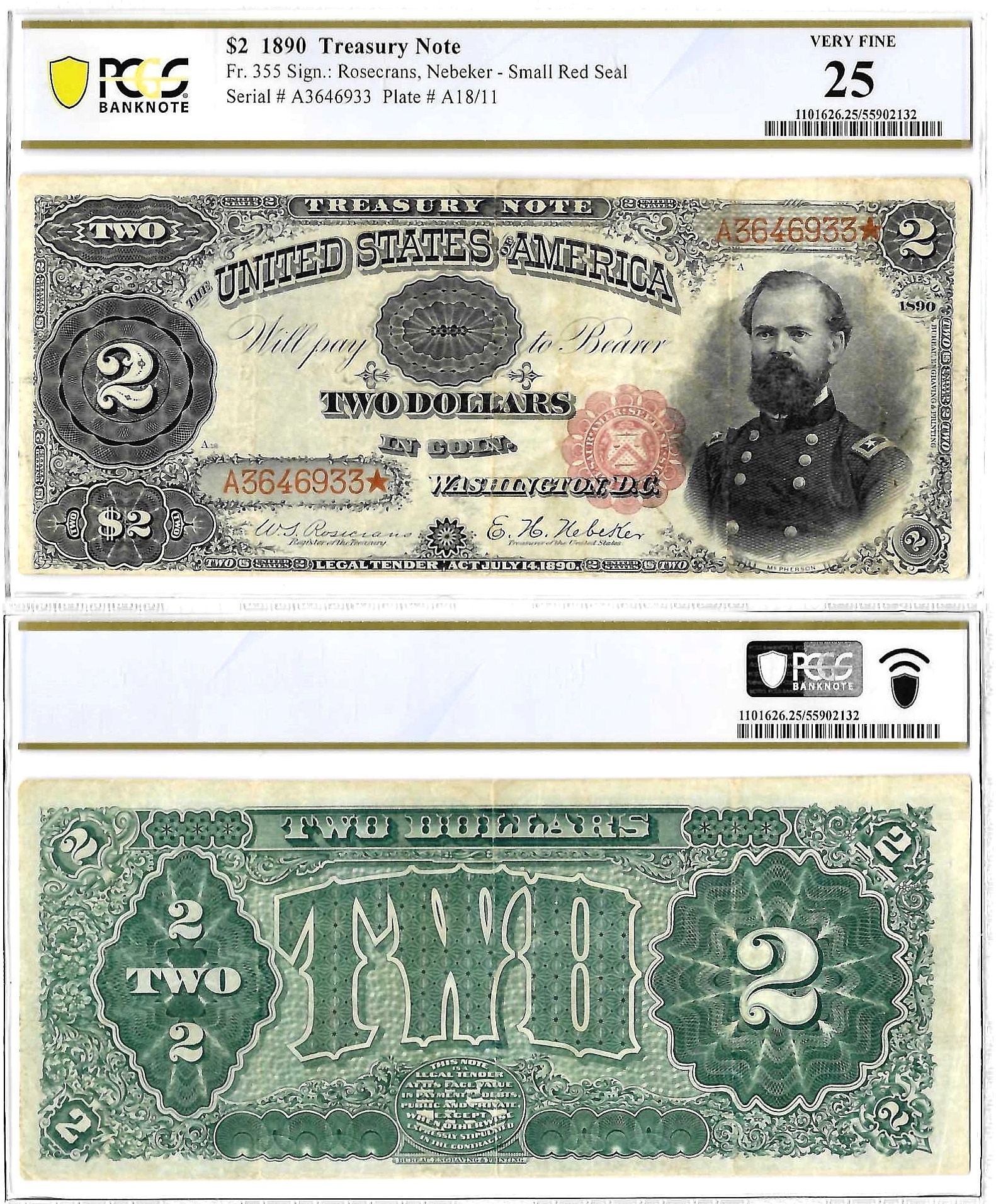 1890 $2 Treasury Note Fr. 355 PCGS Very Fine 25