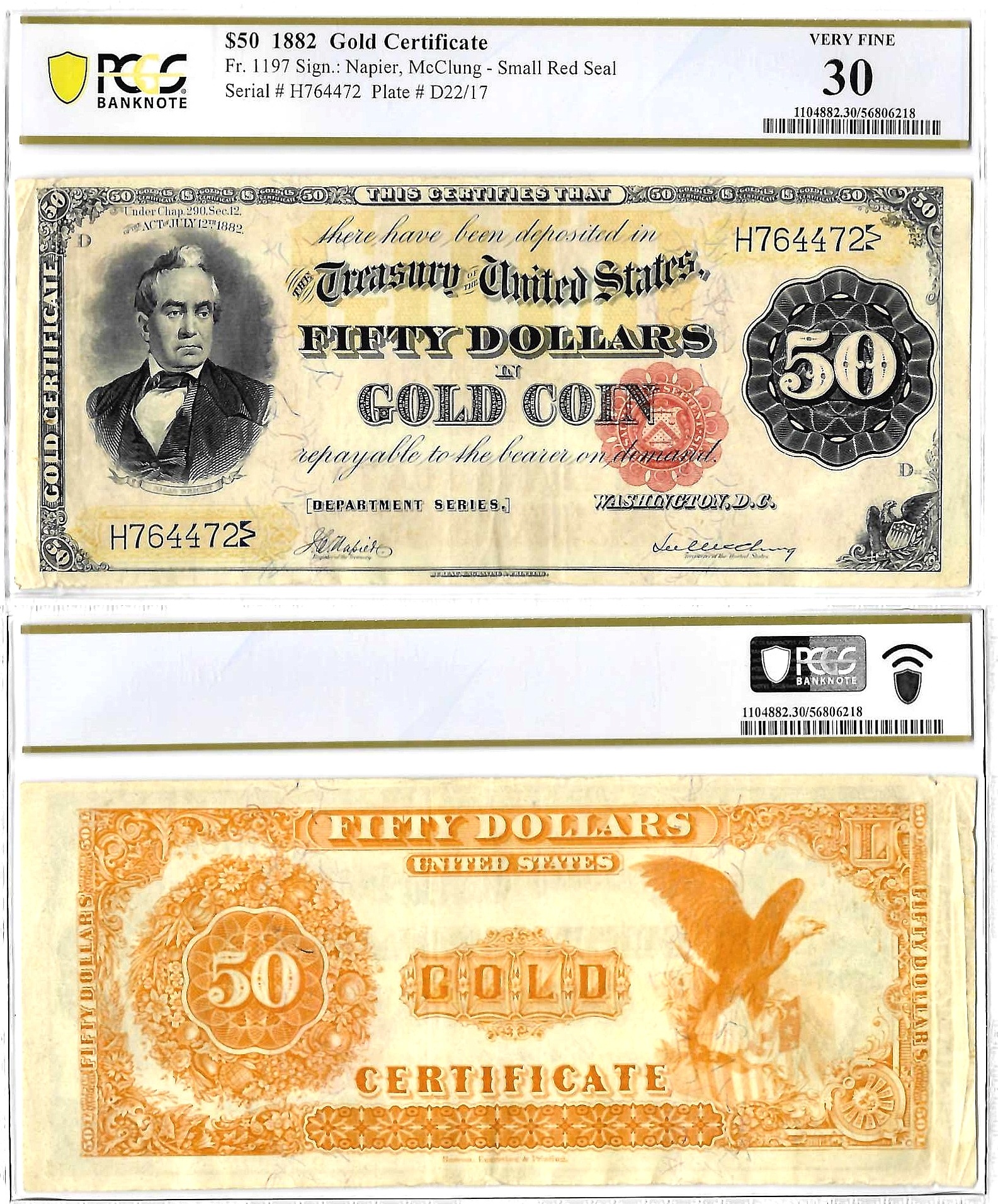 1882 $50 Gold Certificate Fr. 1197 PCGS VF 30