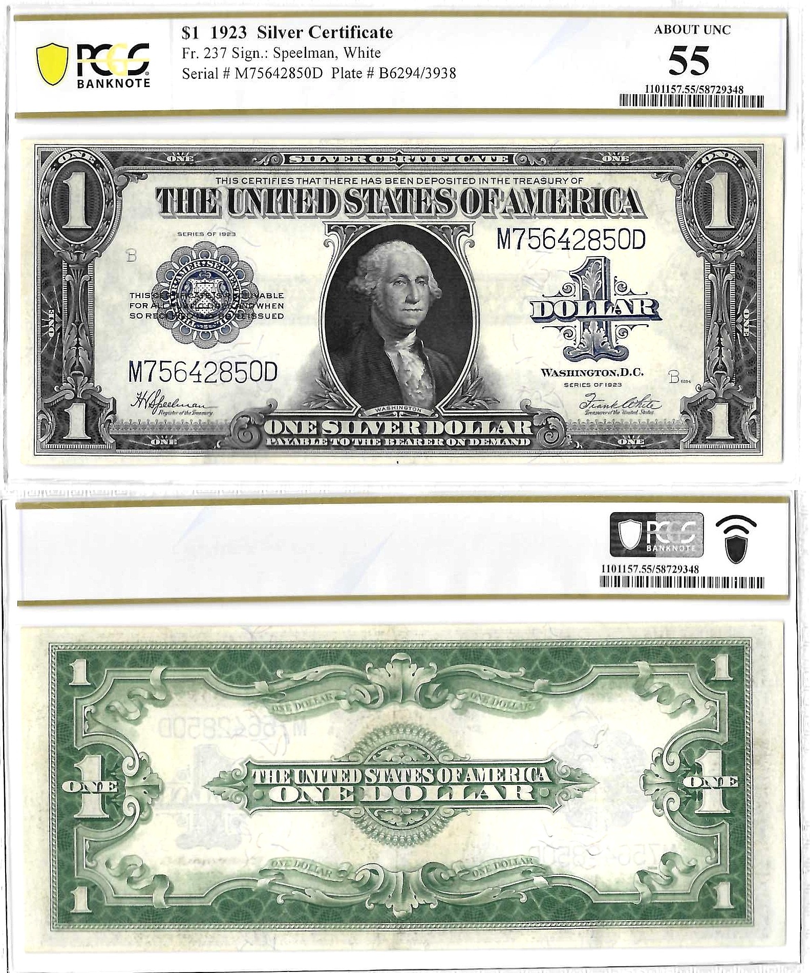 1923 $1 Silver Certificate Fr. 237 PCGS AU 55