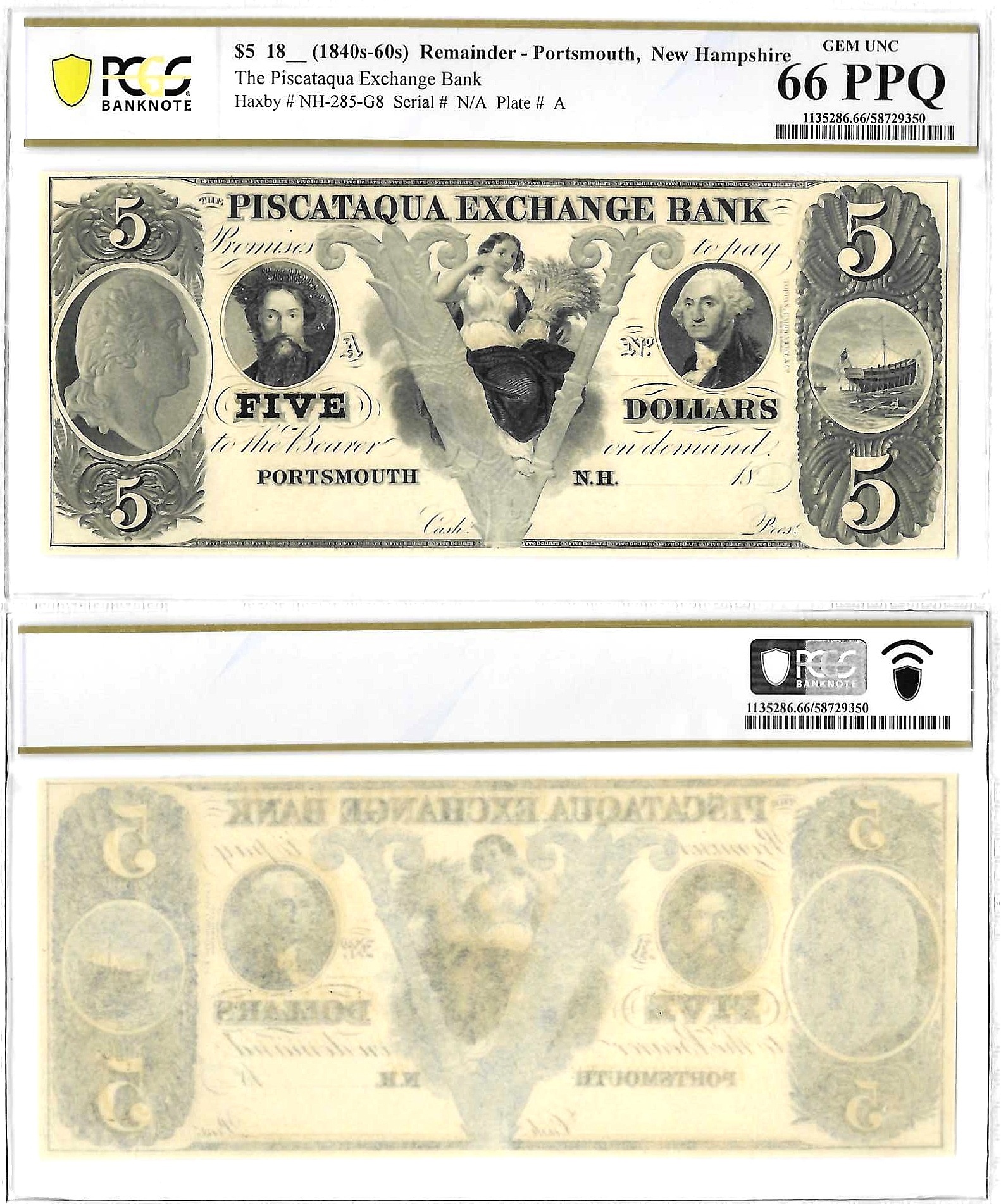 1840's-60's $5 Piscataqua Exchange Bank Portsmouth, New Hampshire PCGS Gem UNC 66 PPQ
