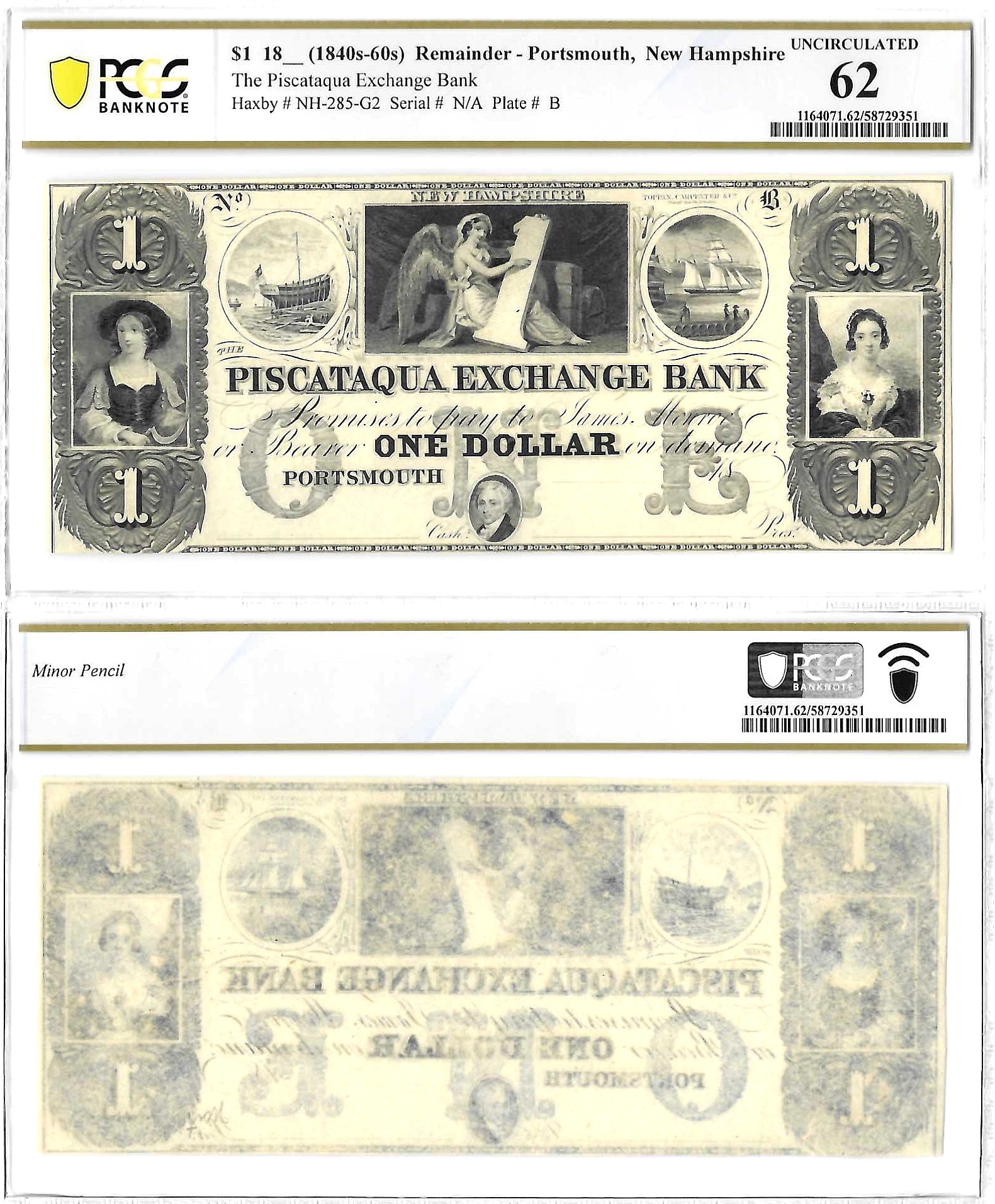 $1 1840's-60's Piscataqua Exchange Bank Portsmouth, New Hampshire PCGS Uncirculated 62