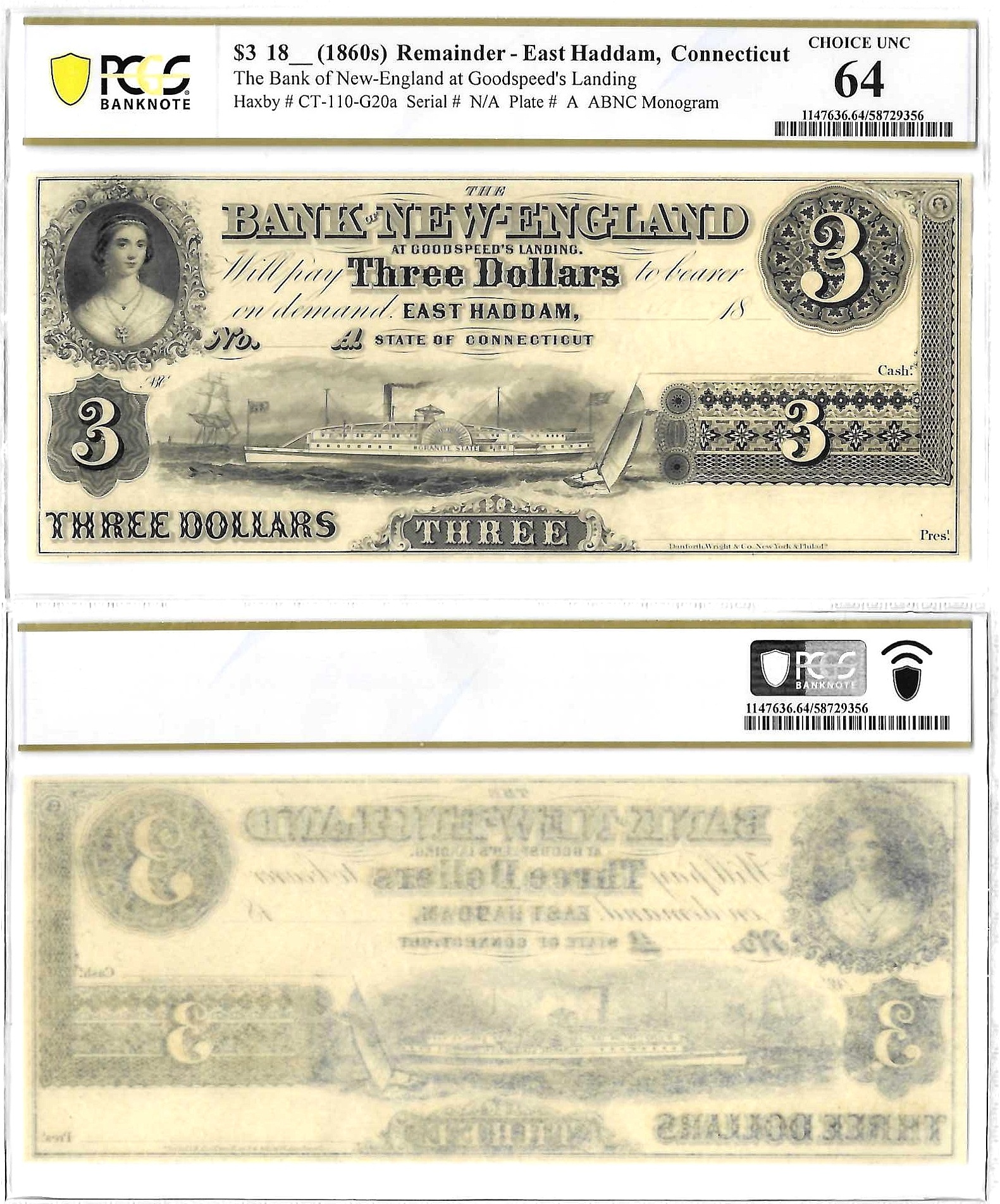 1860's $3 Bank Of New England East Haddam, Connecticut PCGS Choice UNC 64