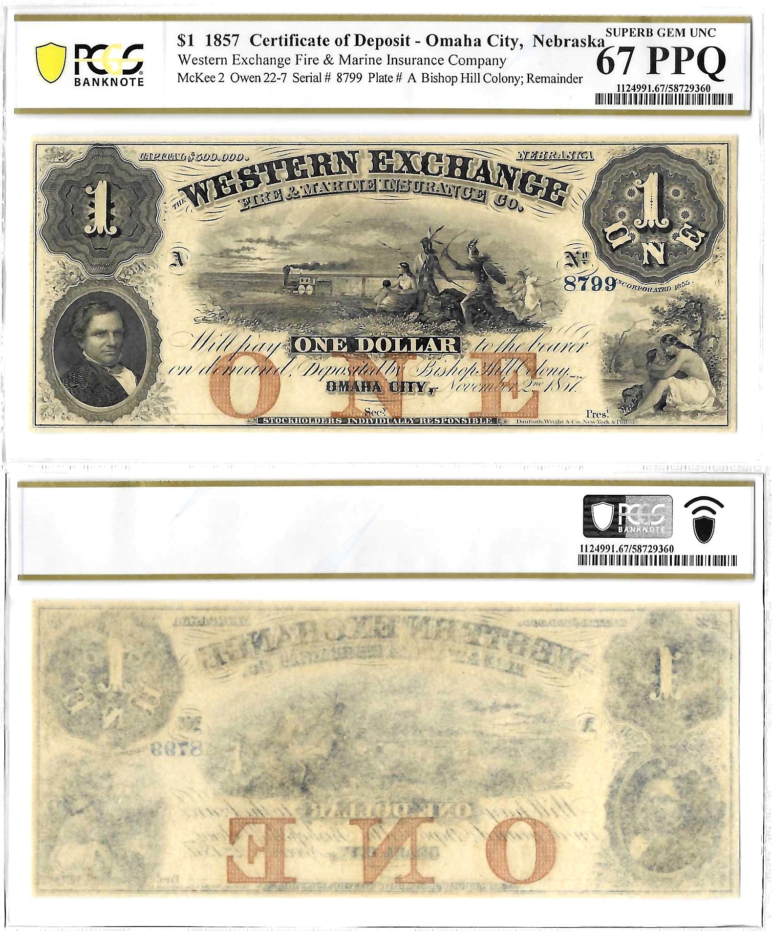 1857 $1 Obsolete Omaha City, Nebraska PCGS Gem CU-67 PPQ
