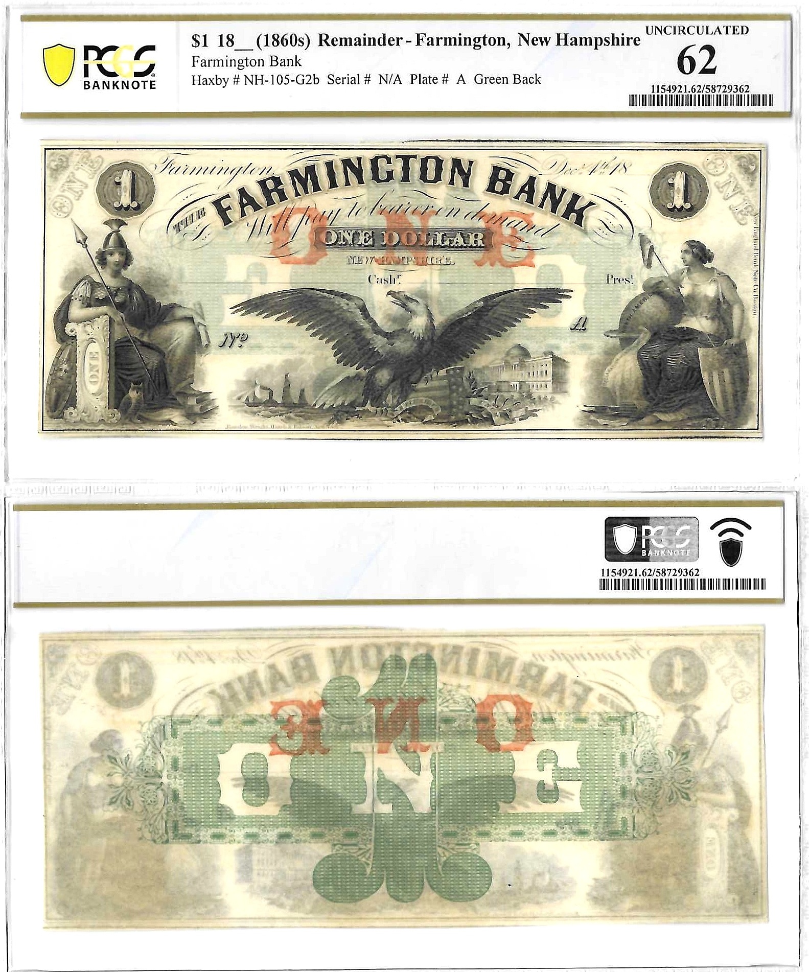 1860's $1 Farmington Bank, New Hampshire PCGS UNC 62