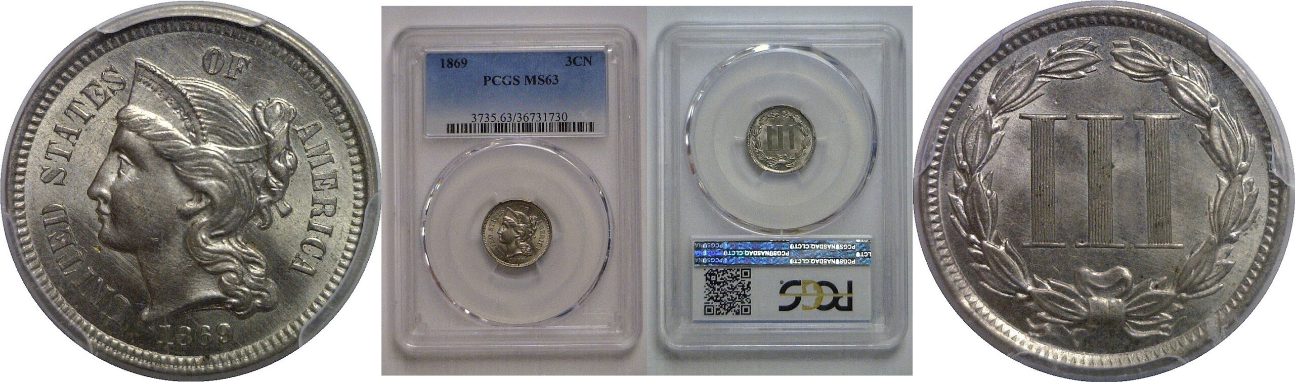1869 Nickel Three Cent   PCGS MS-63