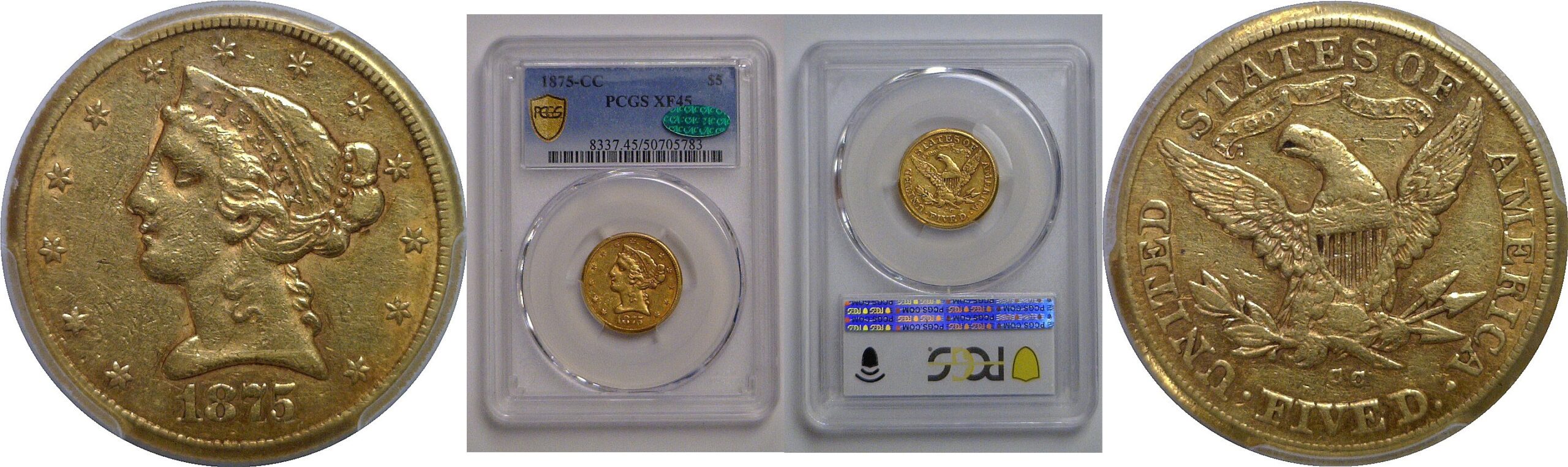 1875-CC $5 Liberty   PCGS XF-45  CAC