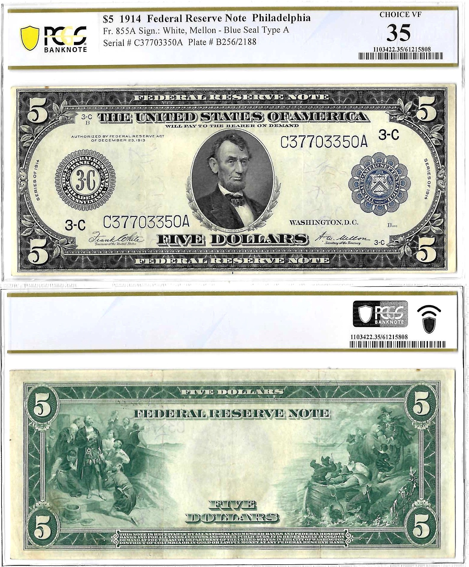 1914 $5 Federal Reserve Note Fr-855a PCGS CHOICE VF-35