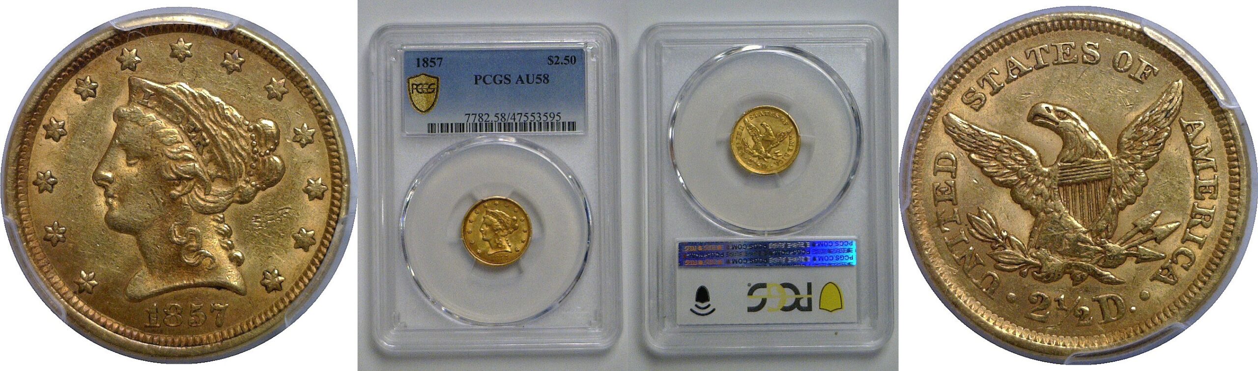 1857 $2 1/2 Liberty   PCGS AU-58