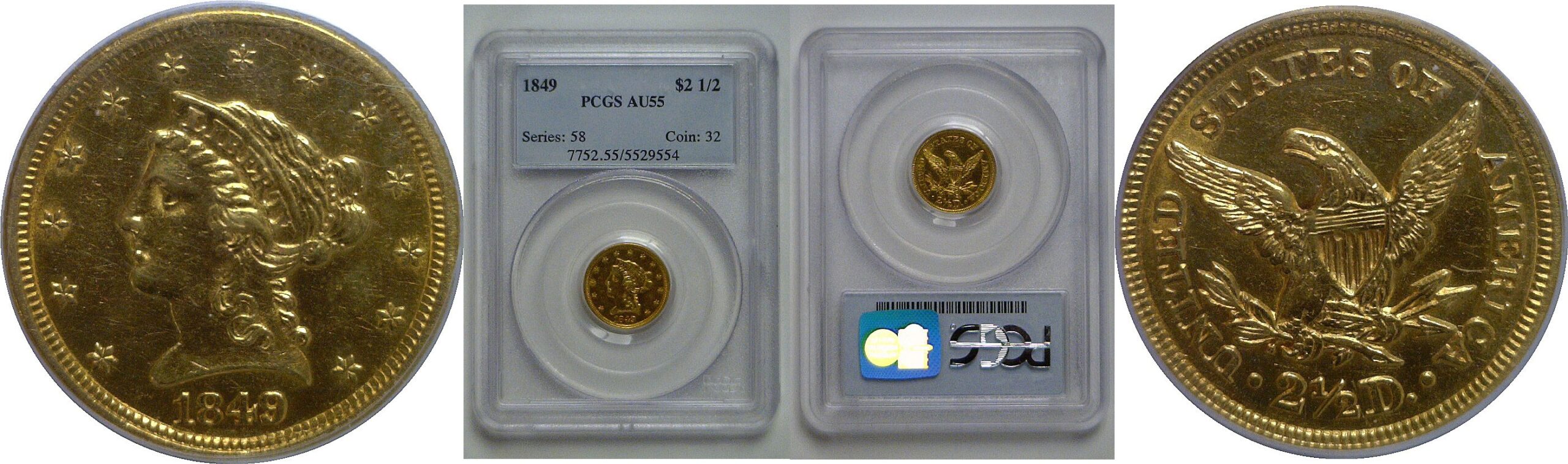 1849 $2 1/2 Liberty   PCGS AU-55