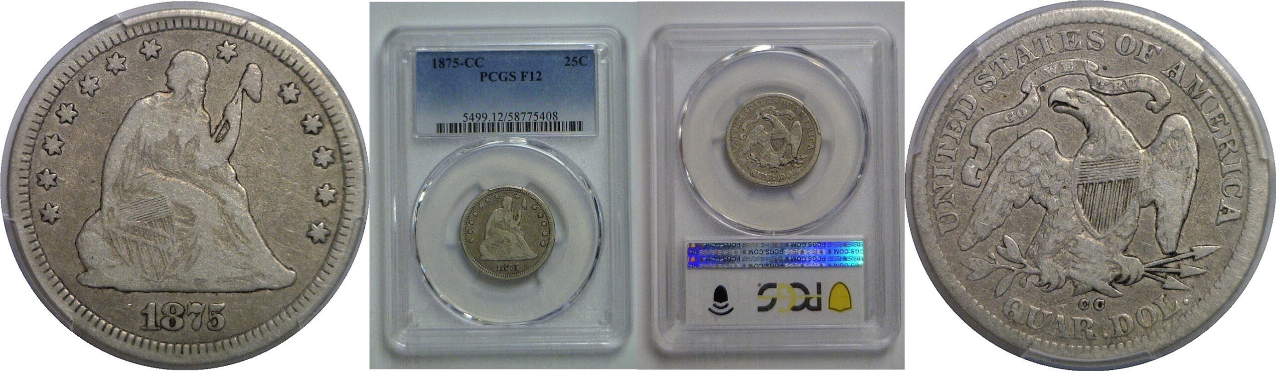 1875-CC Seated Liberty Quarter   PCGS F-12