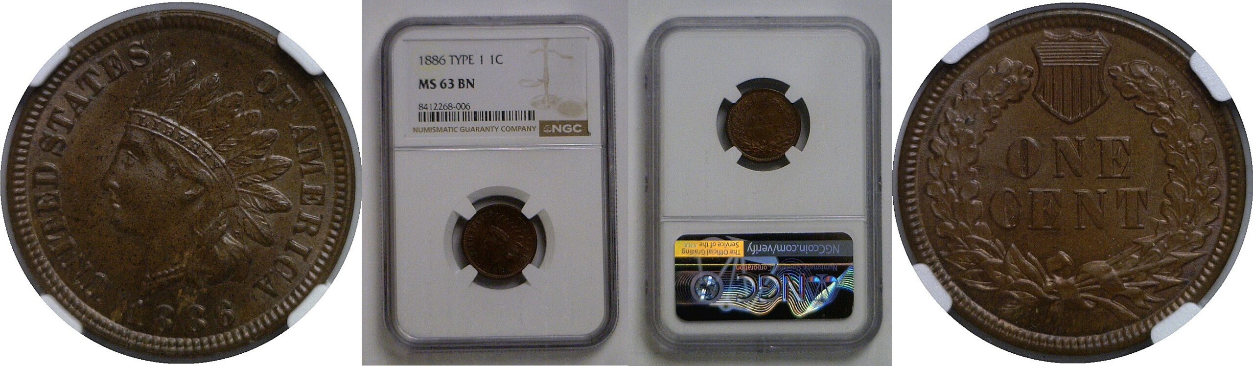 1886 T-1   Indian Head Cent   NGC MS-63 BN