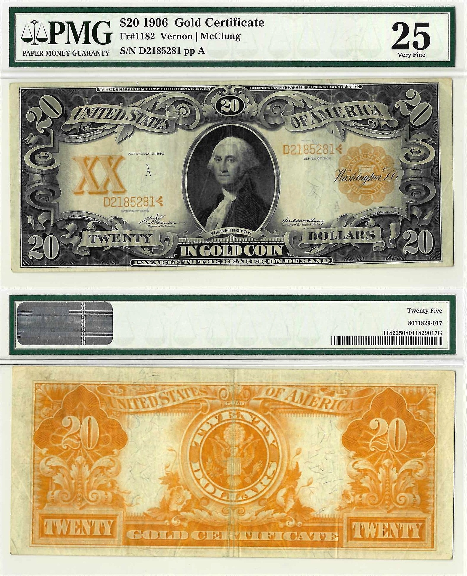 1906 $20 Gold Certificate Fr-1182 PMG VF-25