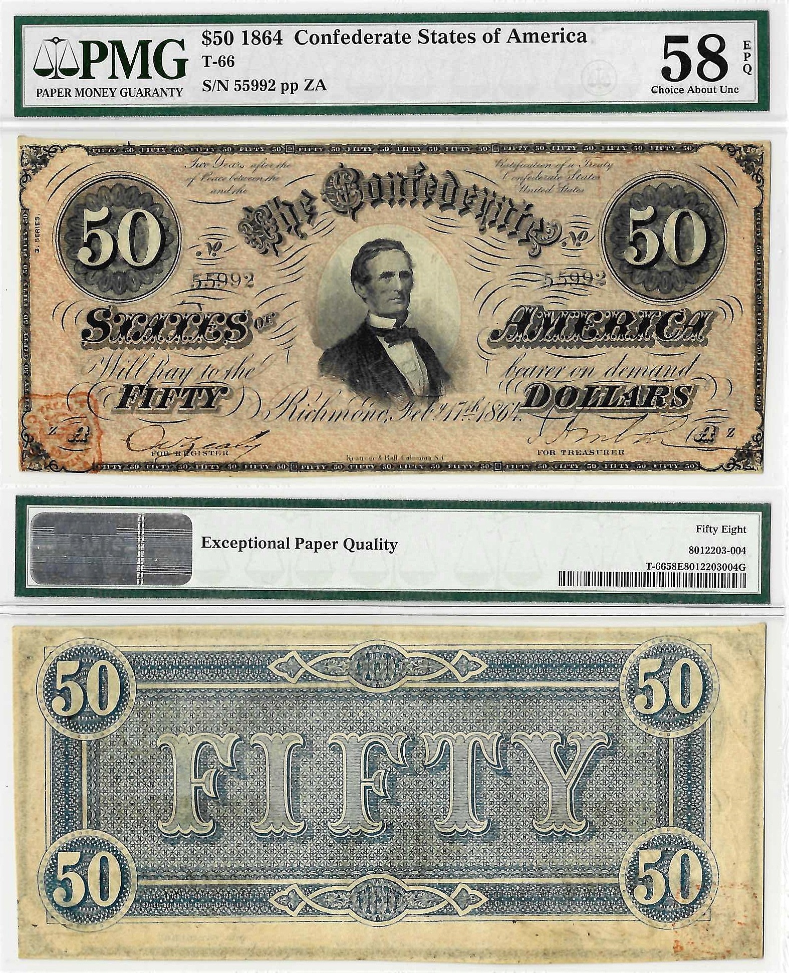 1864 $50 Confederate States Note T-66 PMG Choice AU 58 EPQ