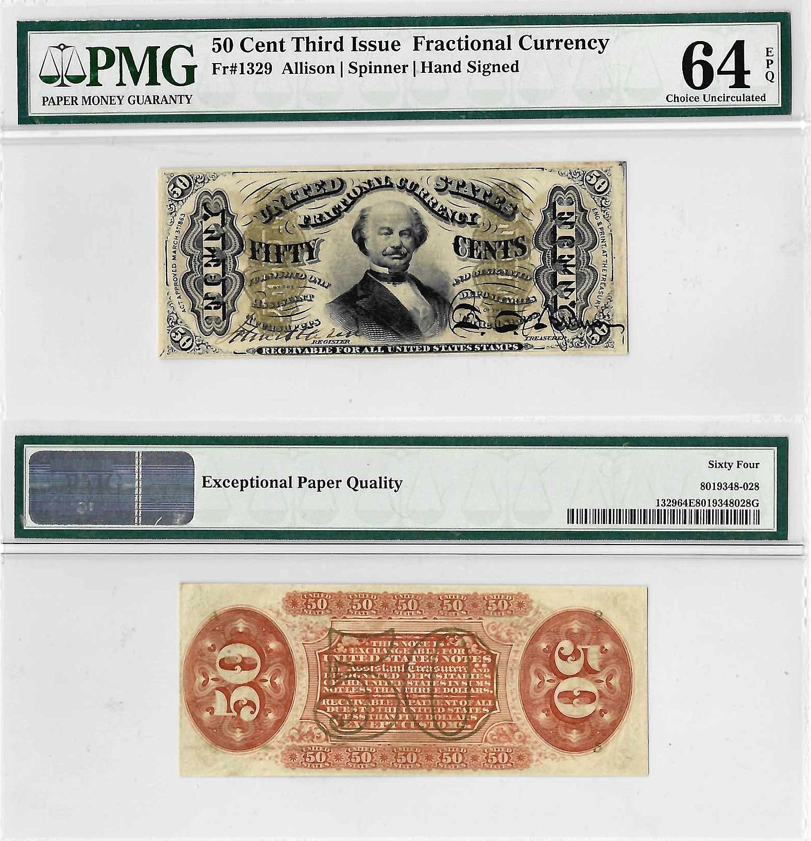 50 Cents Third Issue Fractional Currency Fr. 1329 PMG Choice CU-64 EPQ