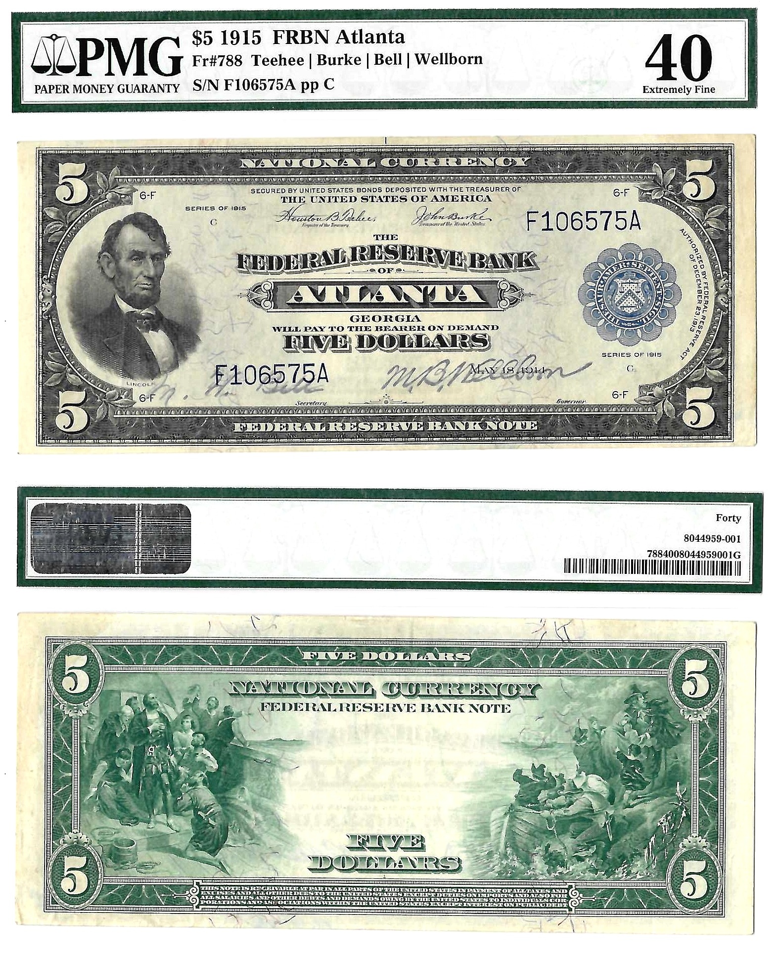 1915 $5 Atlanta District Federal Reserve Bank Note Fr. 788 PMG XF 40