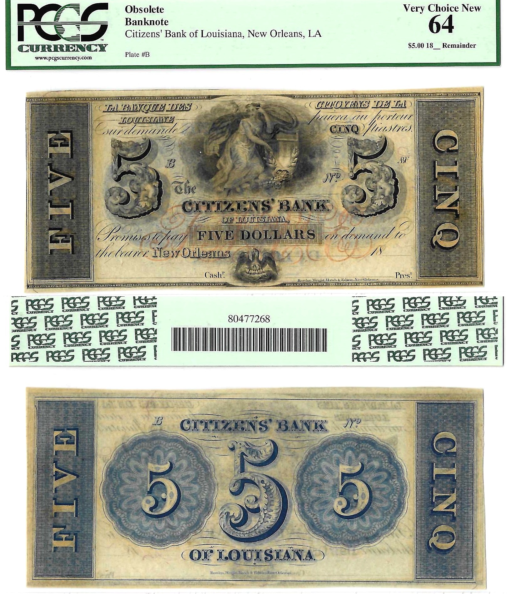 1850's-60's $5 New Orleans, Louisiana PCGS Choice UNC-64