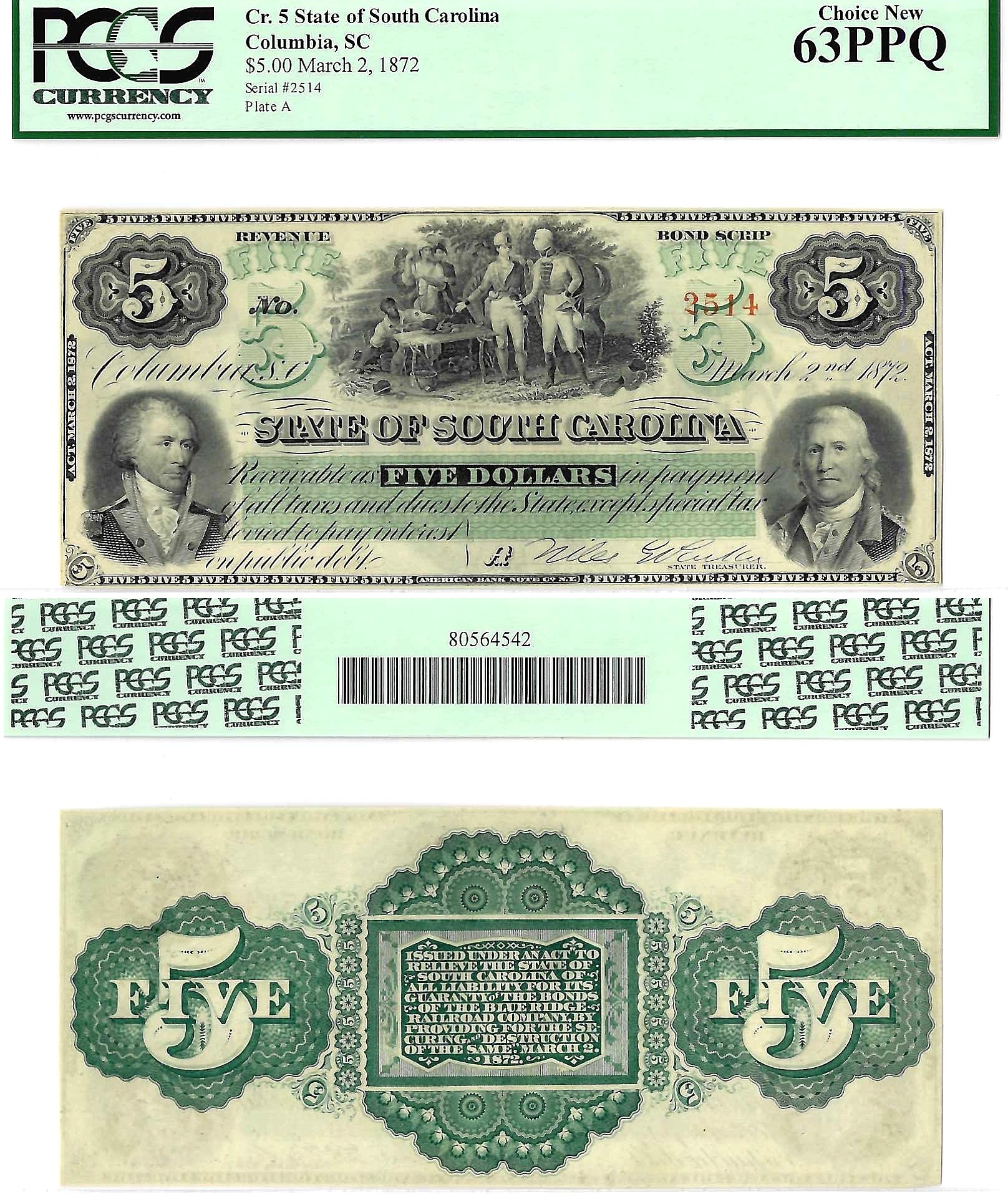 1872 $5 State Of South Carolina Revenue Bond Scrip Cr. 5 PCGS Choice New 63PPQ