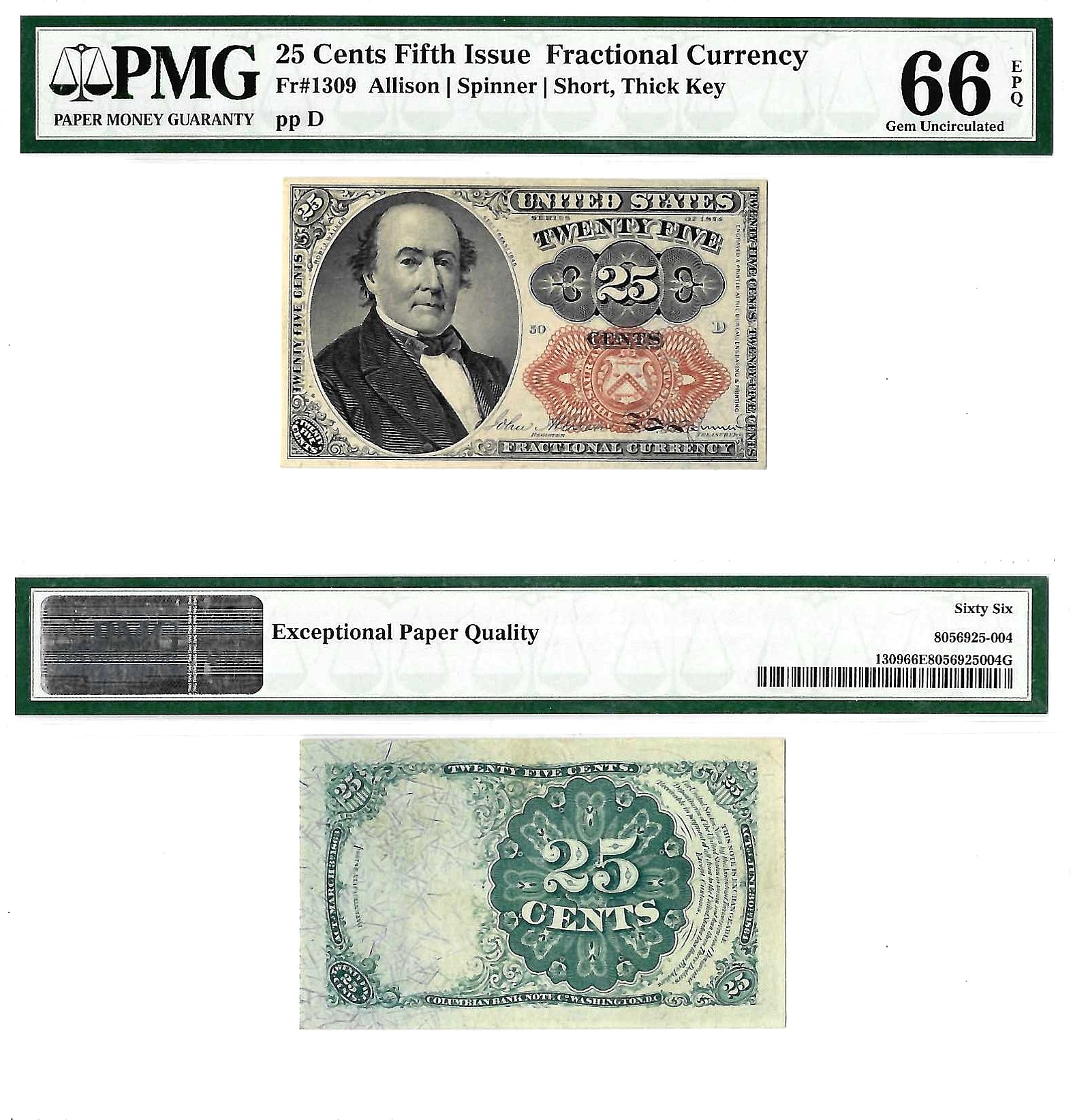 25 Cents Fifth Issue Fractional Currency Fr. 1309 PMG Gem UNC 66 EPQ
