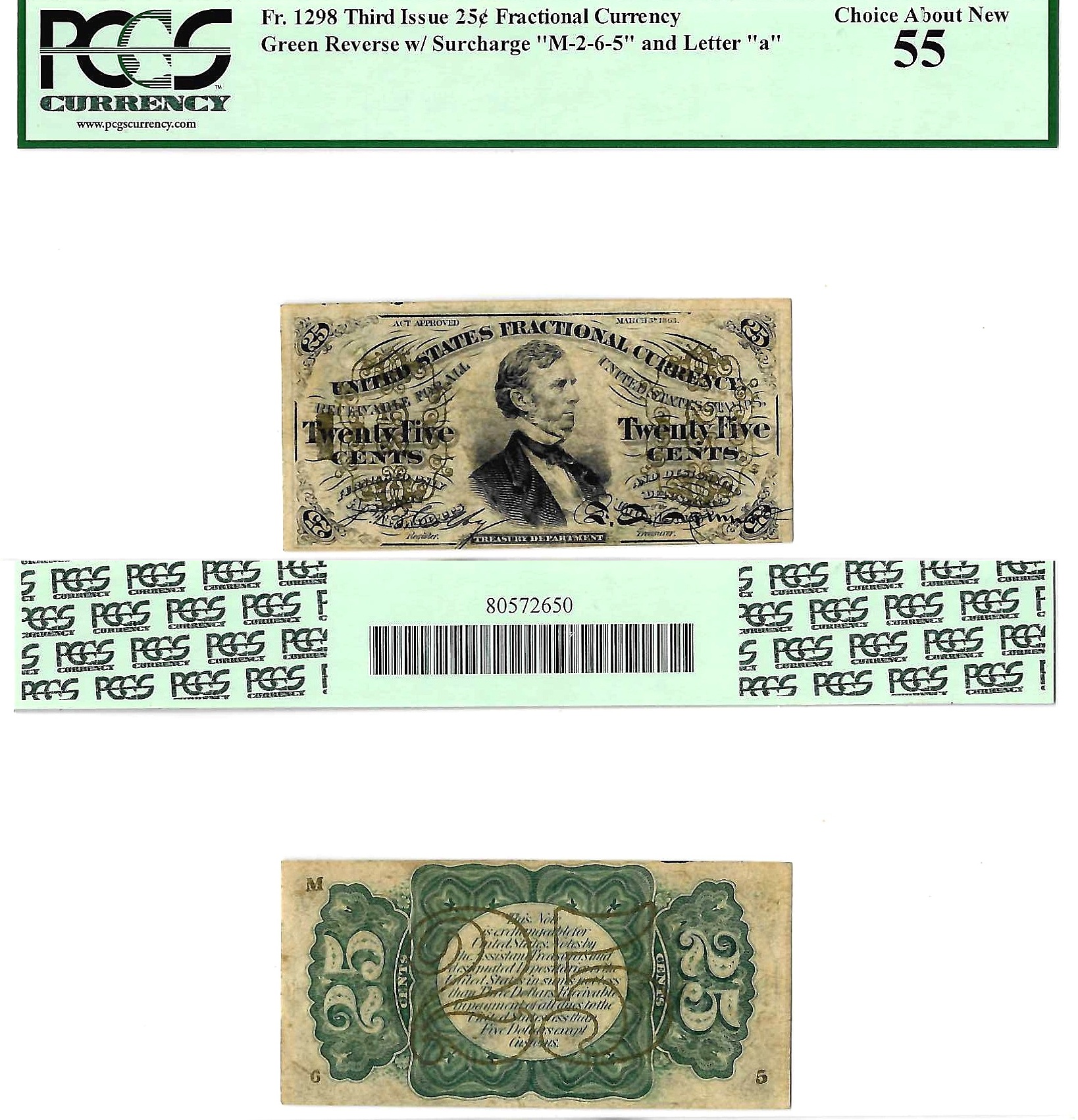 25 Cents Third Issue Fractional Currency Fr. 1298 PCGS Choice AU 55