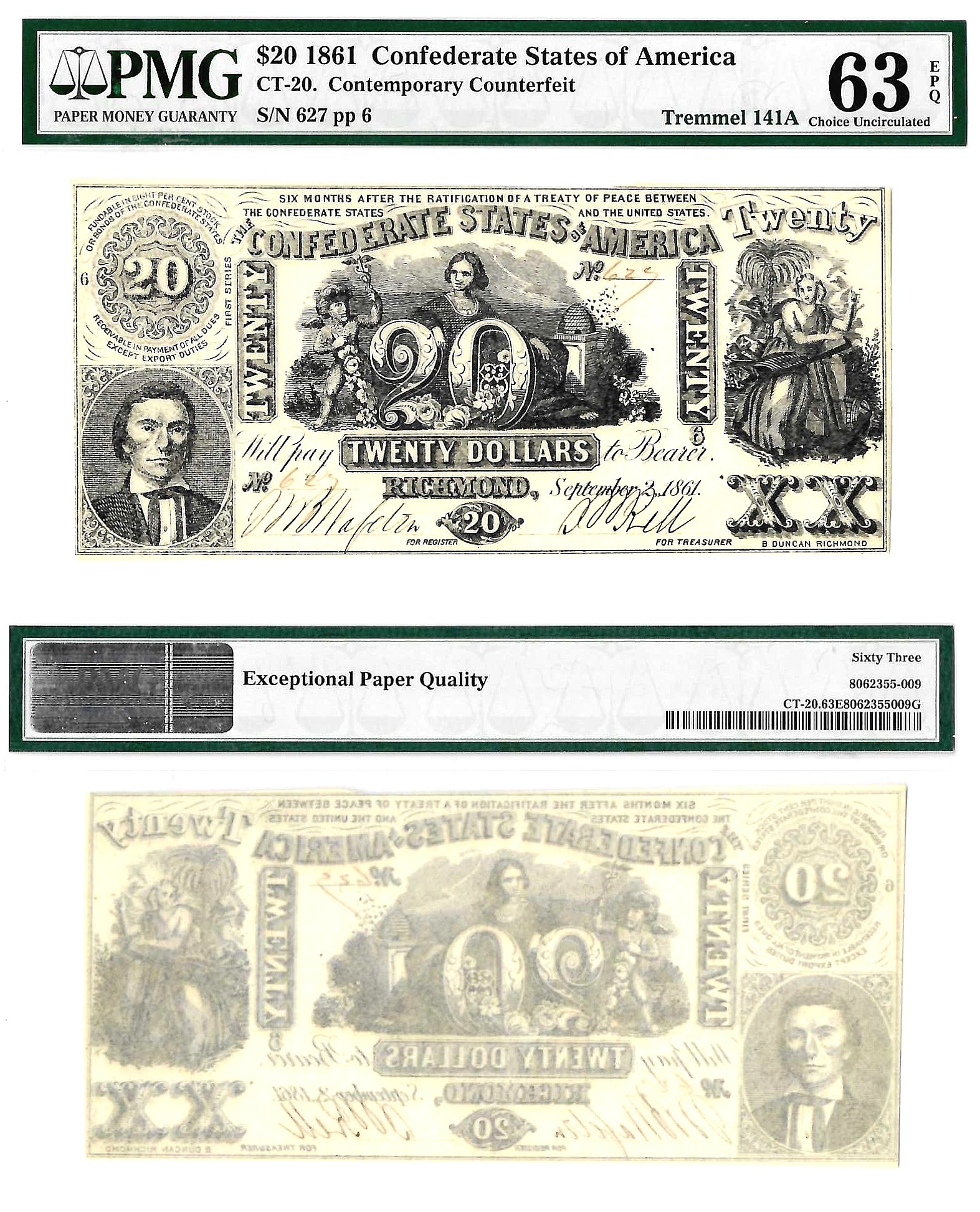 1861 $20 Confederate States Note Contemporary Counterfeit CT-20 PMG Choice UNC 63 EPQ