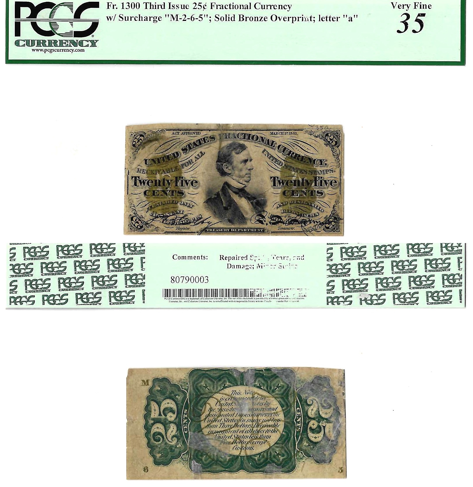 25 Cents Third Issue Fractional Currency Fr. 1300 PCGS VF 35 Repaired