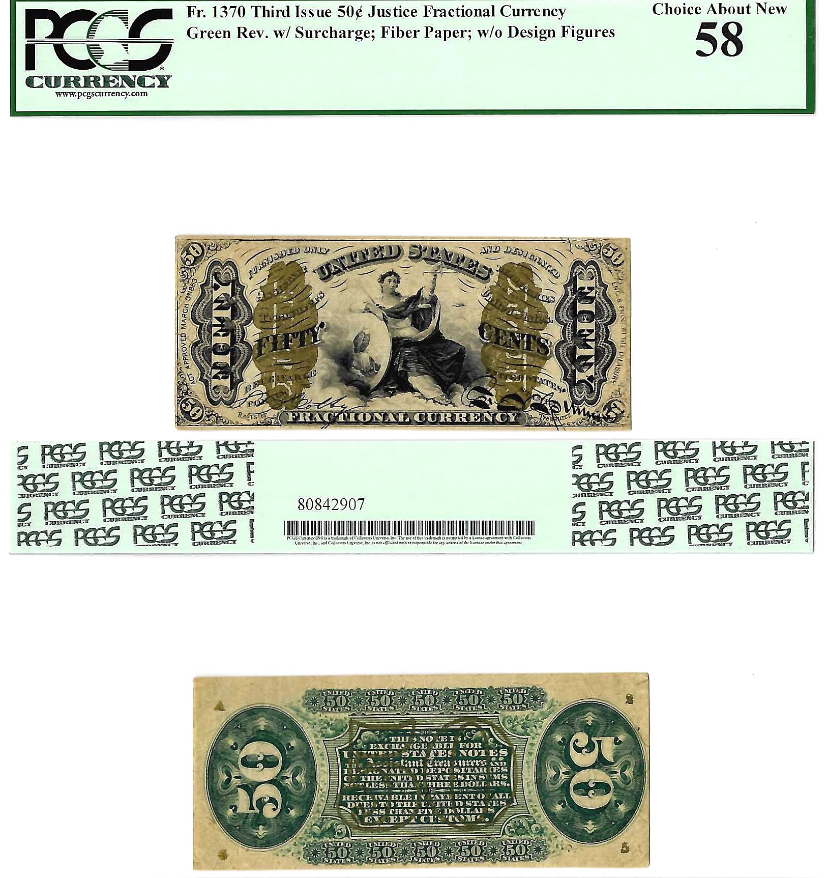 50 Cent 3rd Issue Fractional Currency Fr-1370 PCGS AU-58