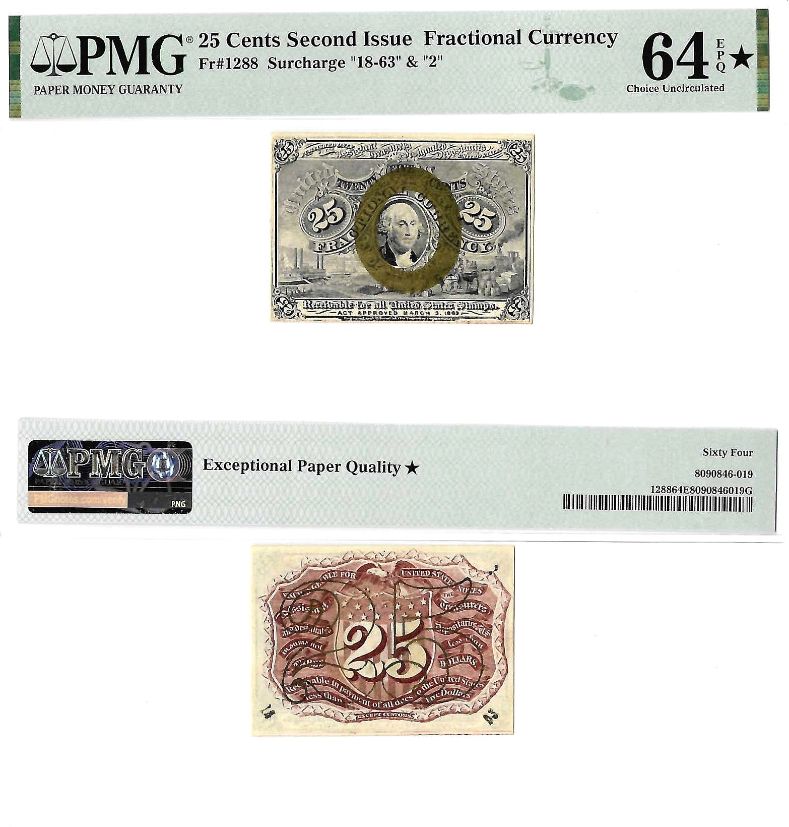 25 Cents Second Issue Fractional Currency Fr. 1288 PMG Choice UNC 64 EPQ *