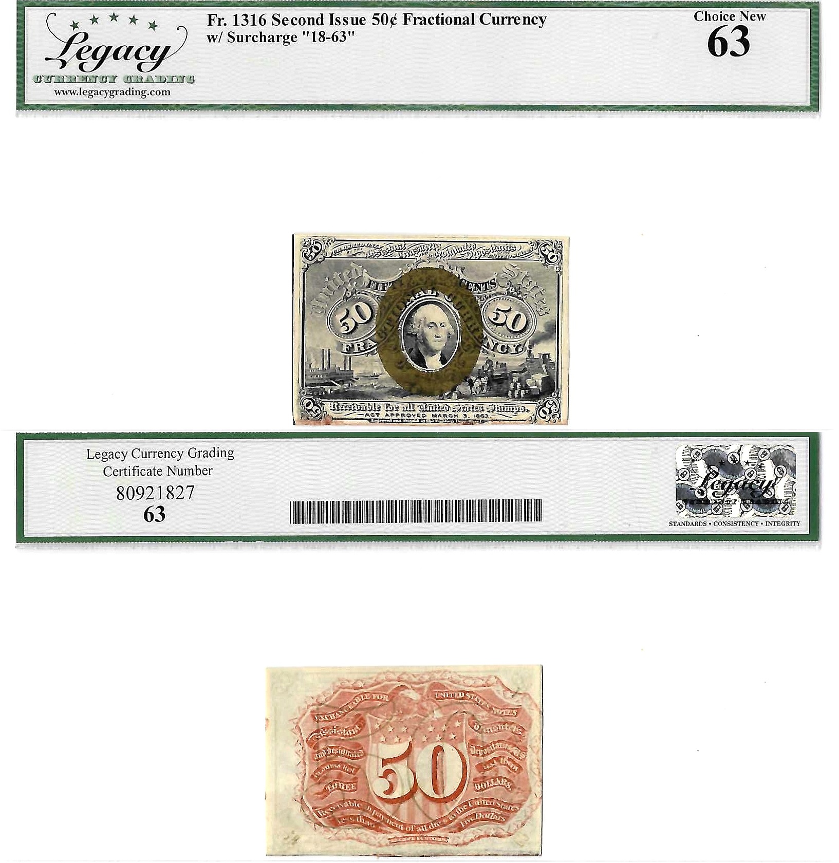 50 Cents Second Issue Fractional Currency Fr. 1316 Legacy Choice New 63