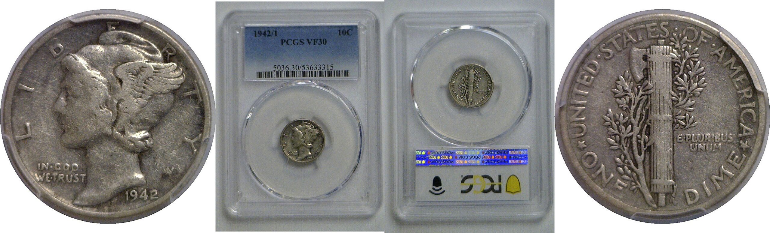 1942/1 Mercury Dime   PCGS VF-30