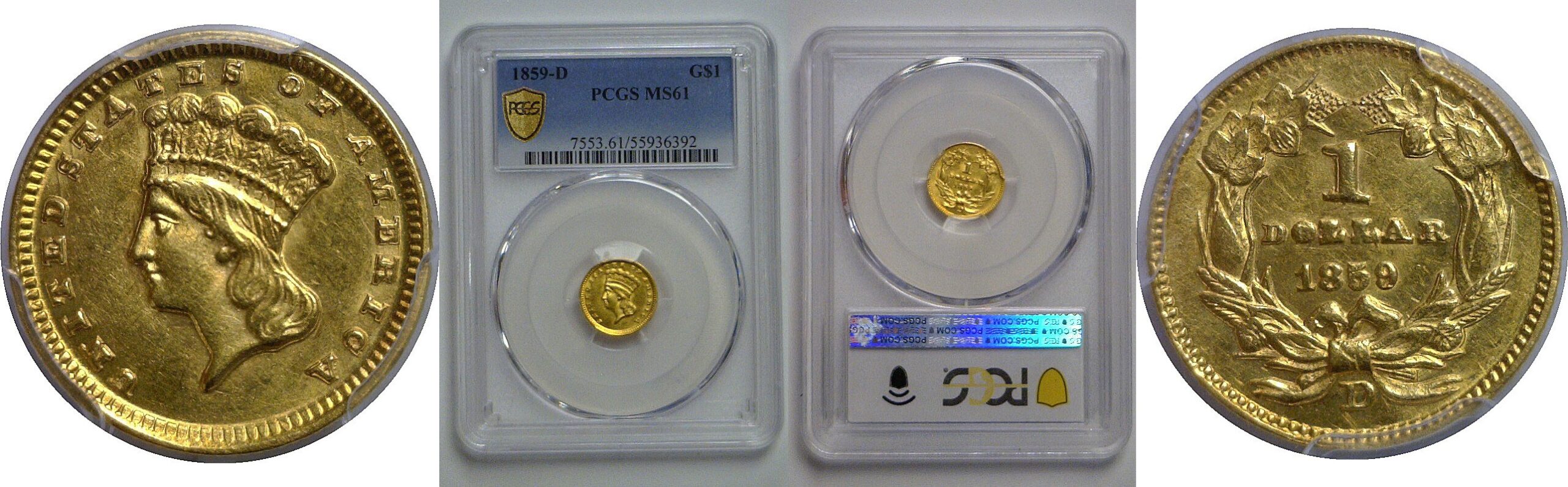 1859-D One Dollar Gold Coin   PCGS MS-61