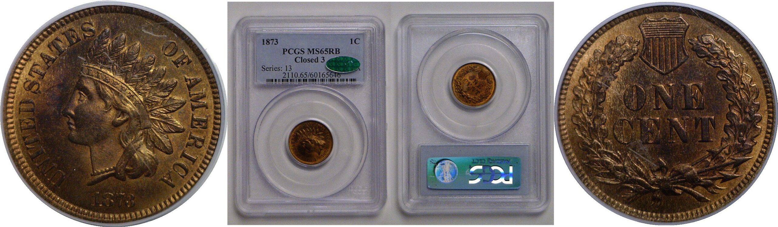 1873 Closed 3   Indian Head Cent   PCGS MS-65 RB   CAC