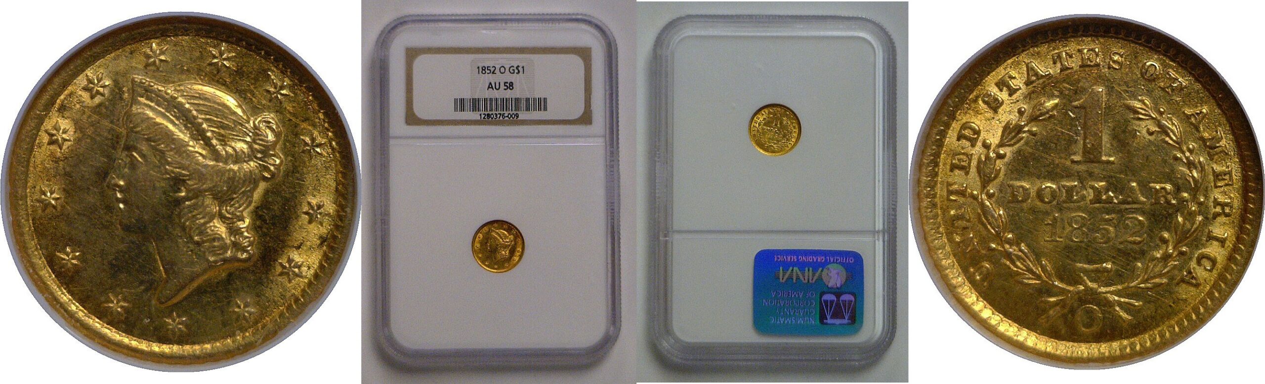 1852-O One Dollar Gold Coin   NGC AU-58