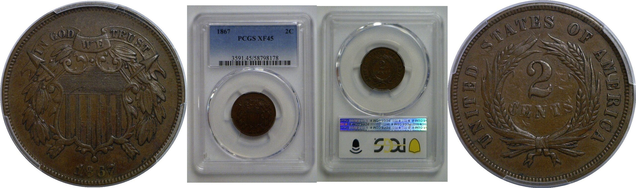 1867 Two Cent Piece   PCGS XF-45