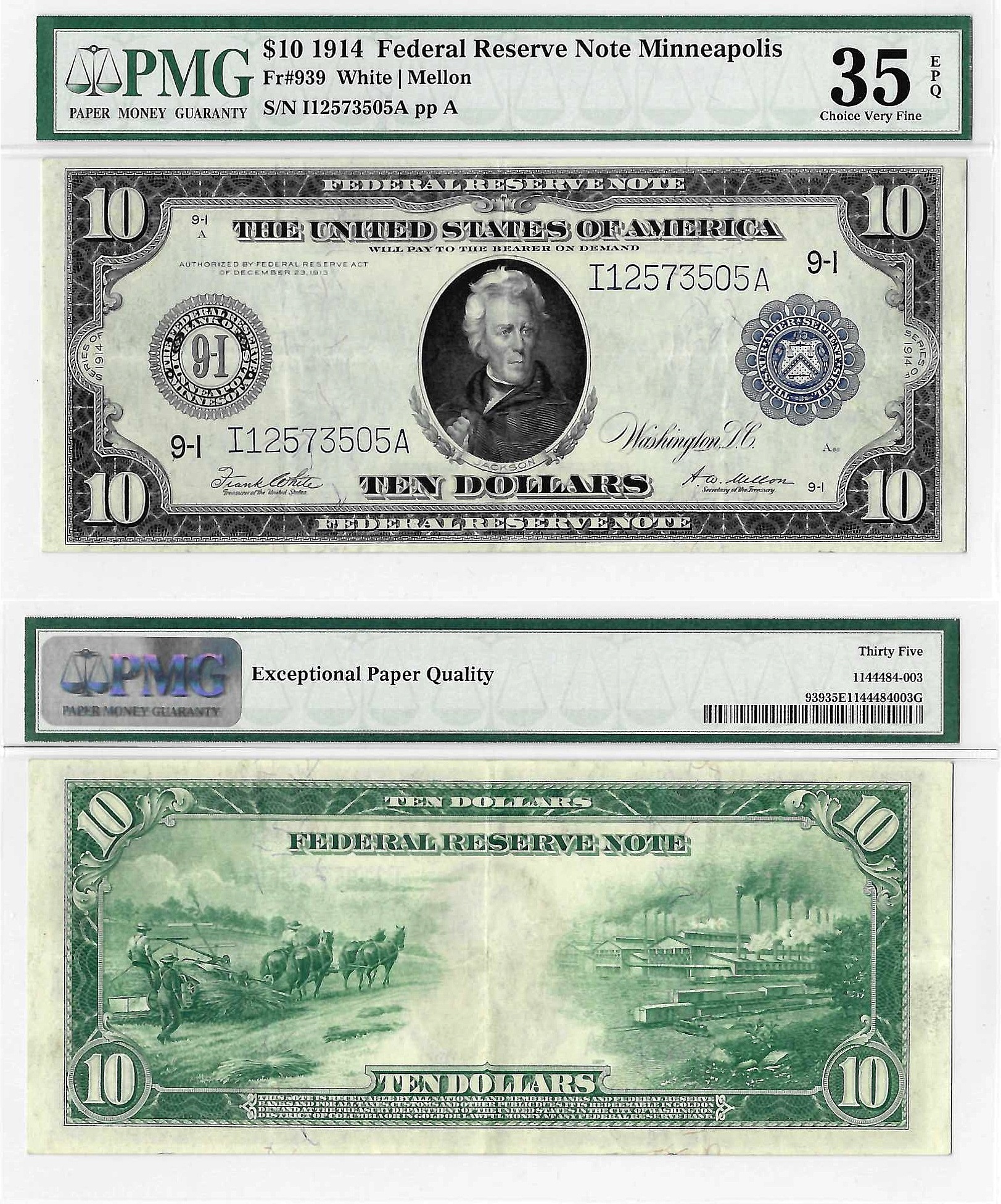 1914 $10 Minneapolis District Federal Reserve Note Fr. 939 PMG Choice VF 35 EPQ