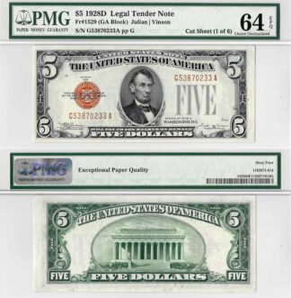 1928-D $5 Legal Tender Note Fr. 1529 PMG Choice UNC 64 EPQ