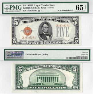 1928-D $5 Legal Tender Note Fr. 1529 PMG Gem UNC 65 EPQ