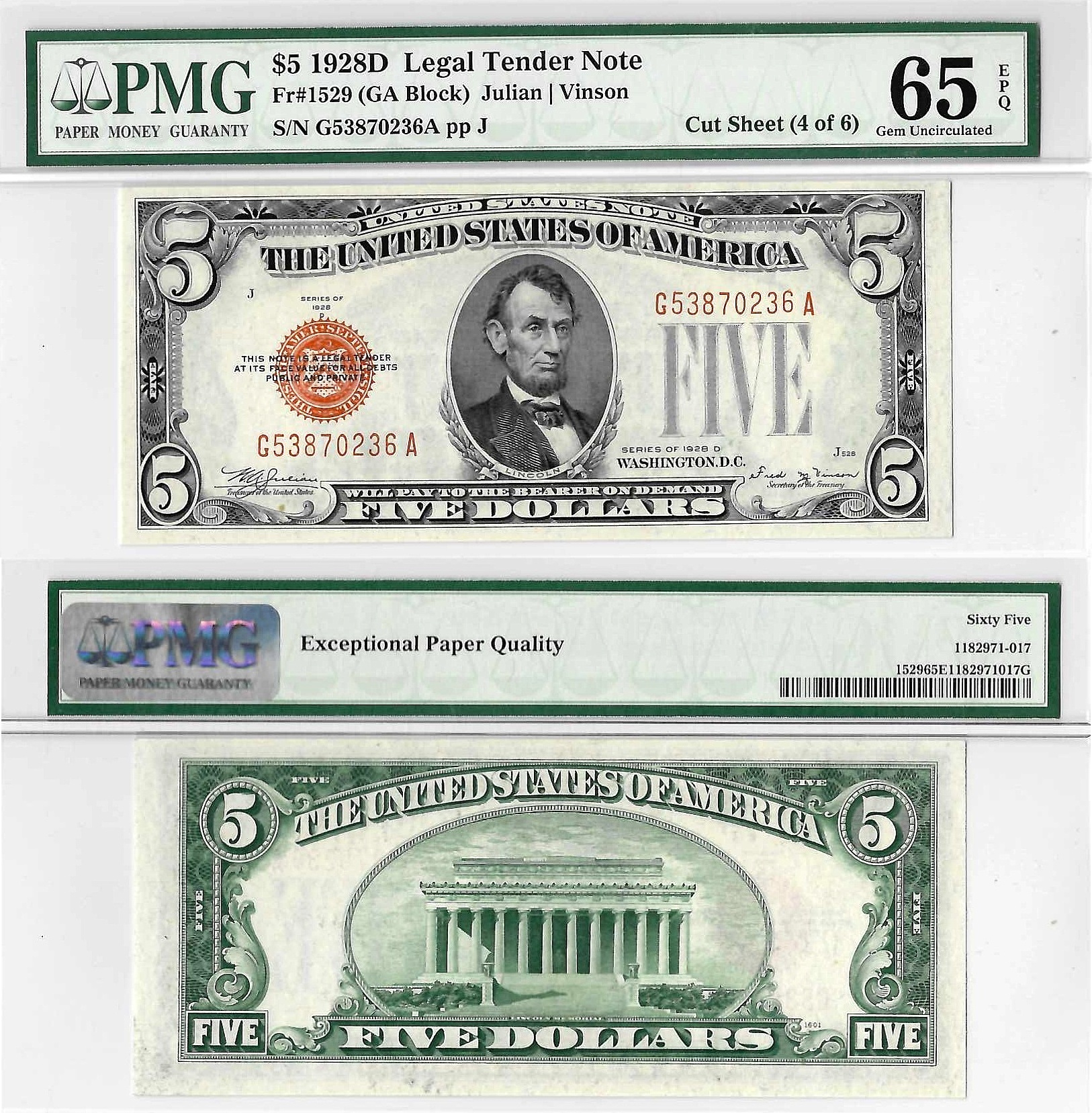 1928-D $5 Legal Tender Note Fr. 1529 PMG Gem UNC 65 EPQ