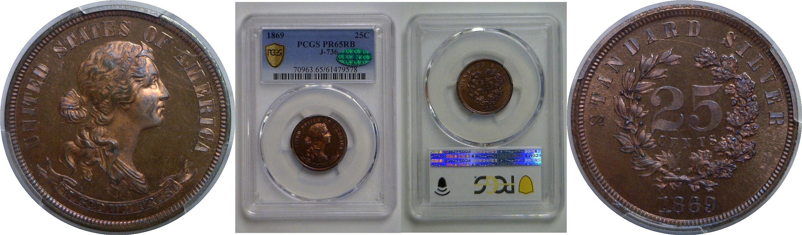 1869 Pattern Quarter   Judd-736   PCGS PR-65 RB  CAC