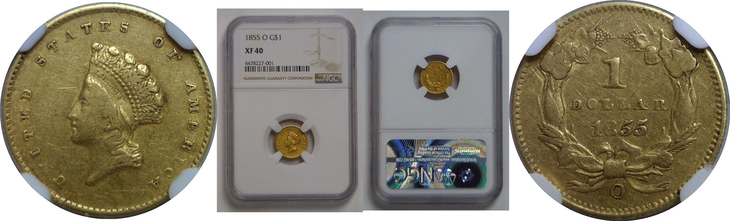 1855-O One Dollar Gold Coin   NGC XF-40