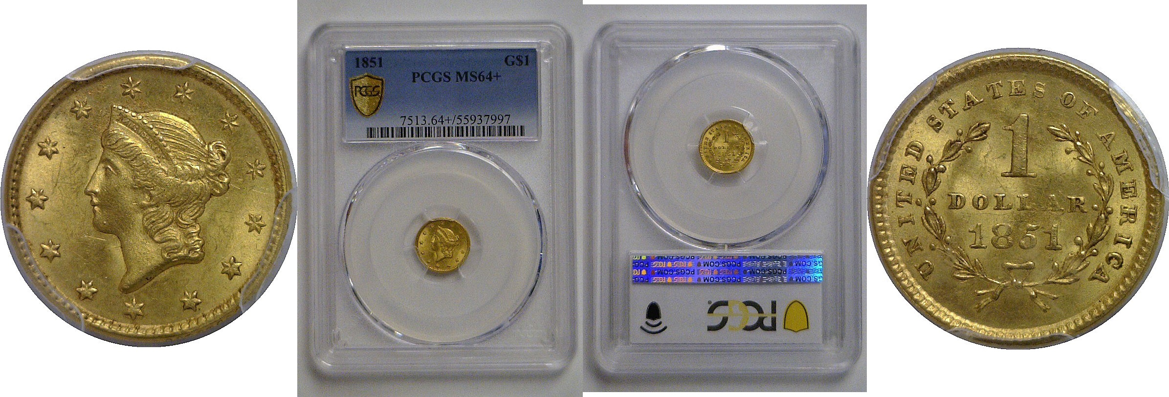 1851 One Dollar Gold Coin   PCGS MS-64+