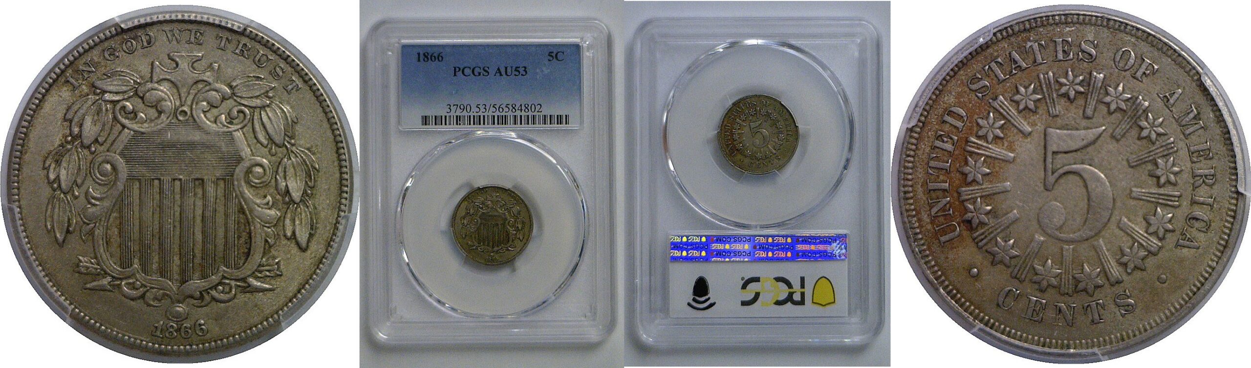 1866 Shield Nickel   PCGS AU-53